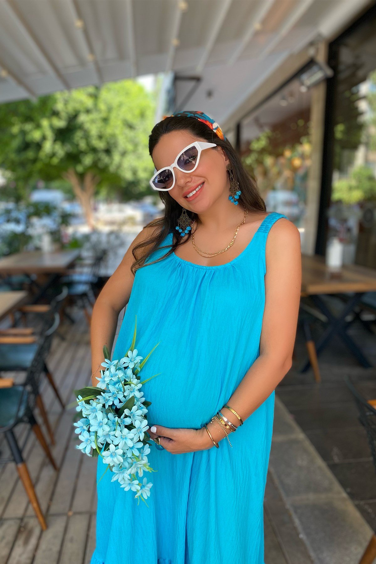 Turkuaz Mavi Askısı Lastikli Elbise