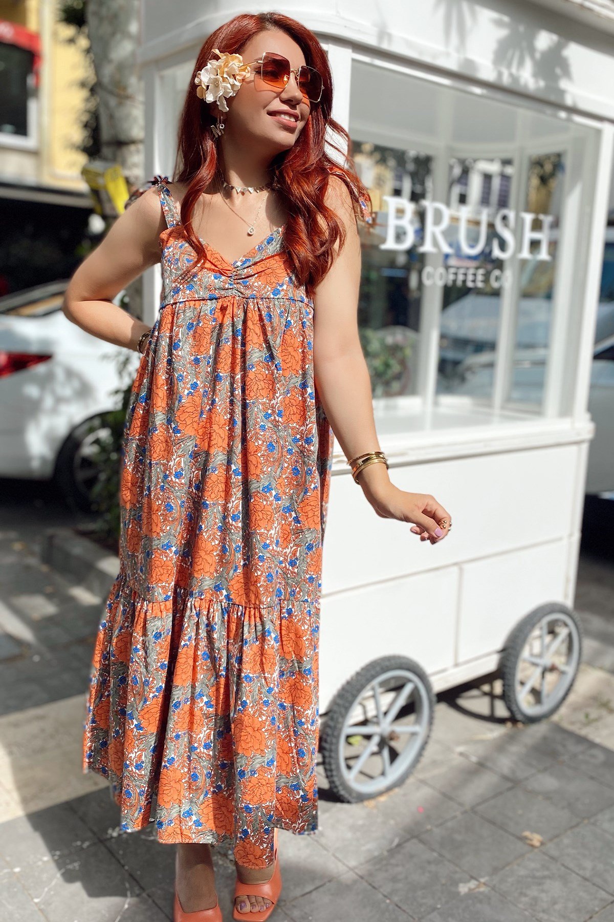 Turuncu Bağlamalı Renkli Poplin Elbise