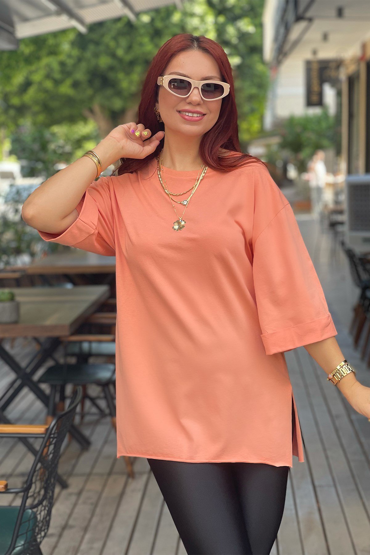 Turuncu Basic Uzun Boyfriend Tshirt