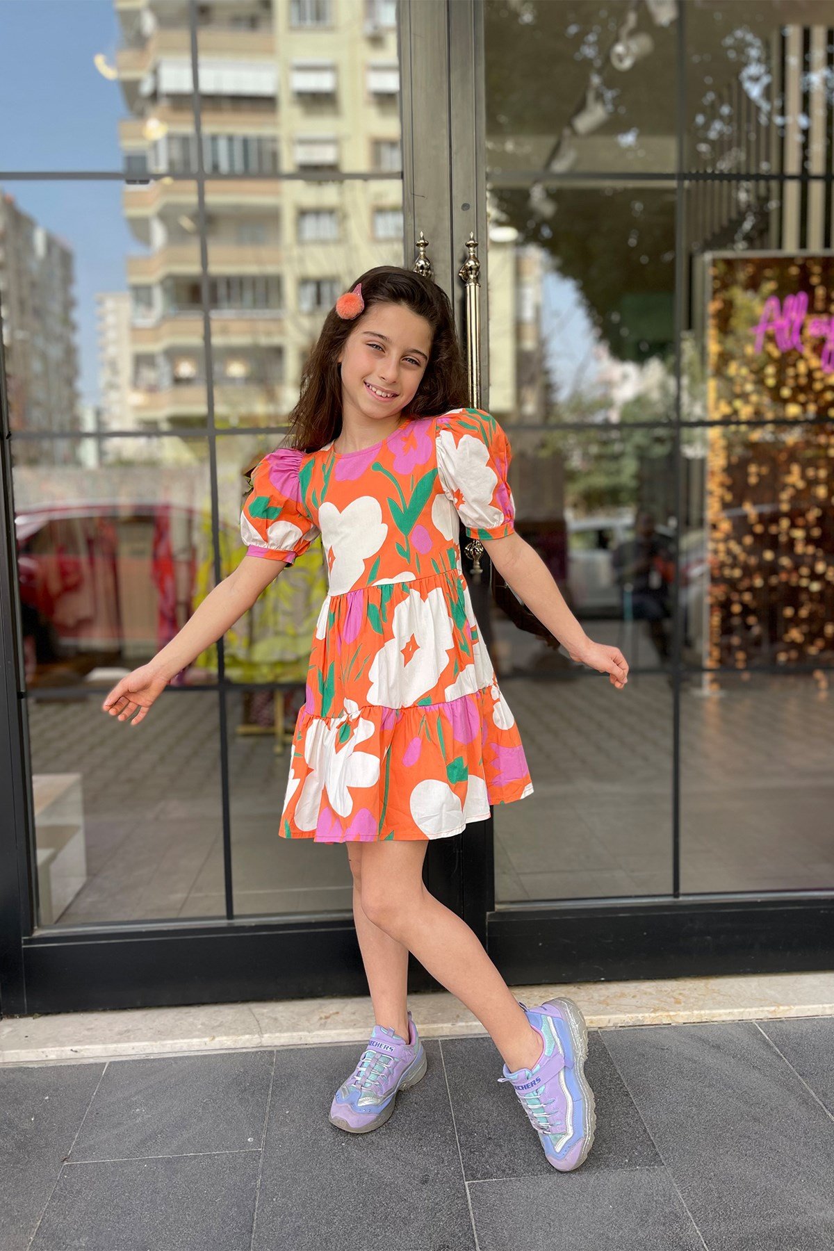 Turuncu Çiçek Desenli Elbise