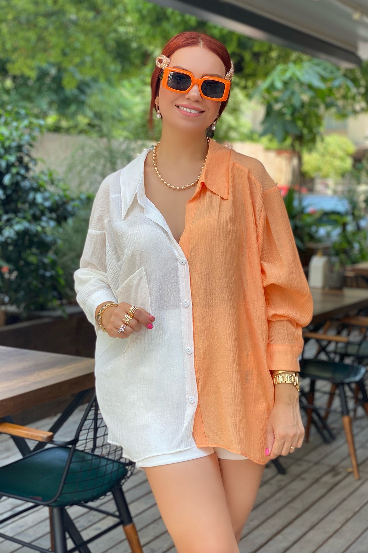 Turuncu Çift Renk Oversize Gömlek