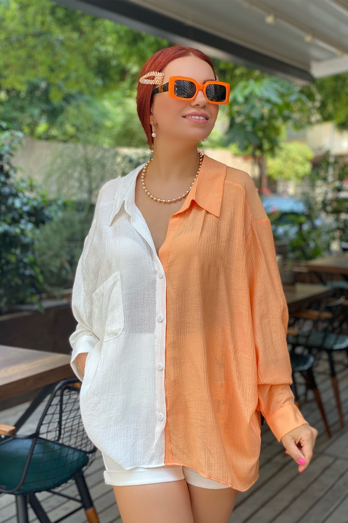 Turuncu Çift Renk Oversize Gömlek