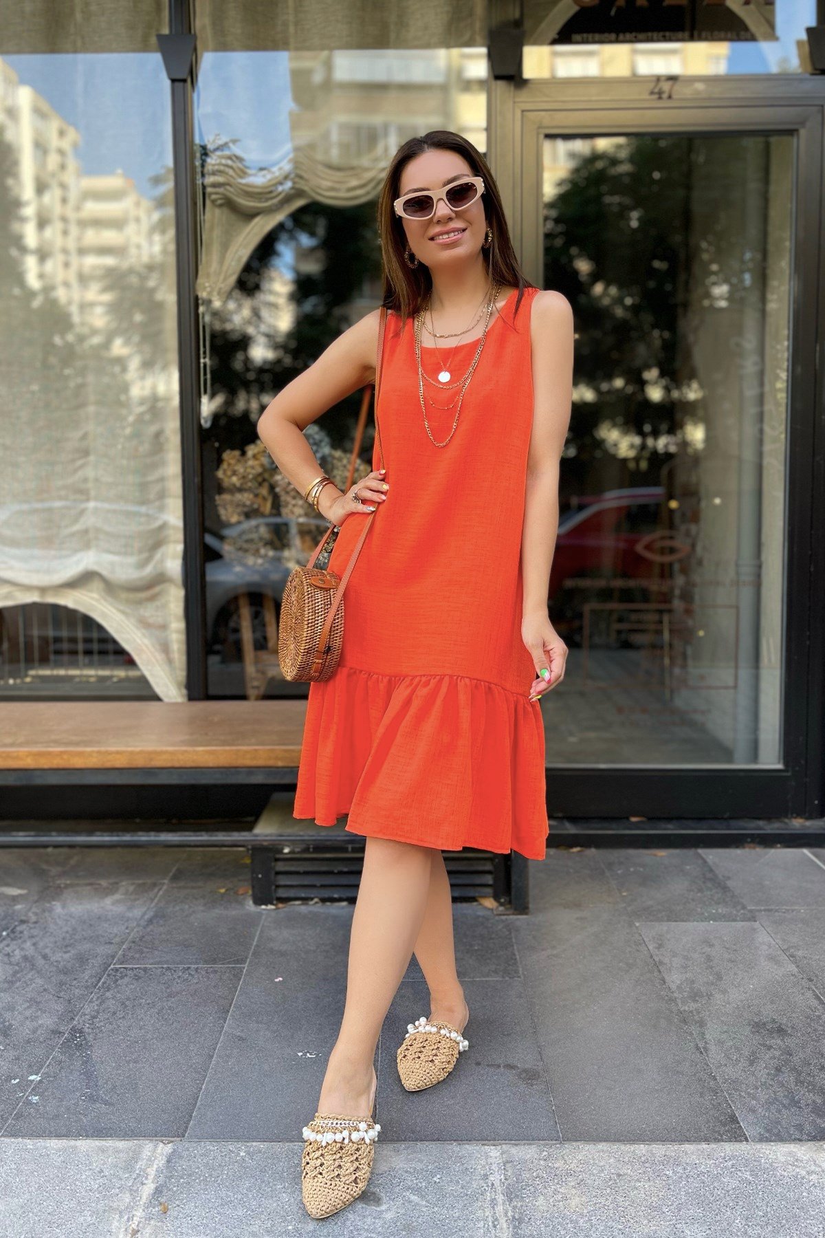Turuncu Kolsuz Basic Elbise