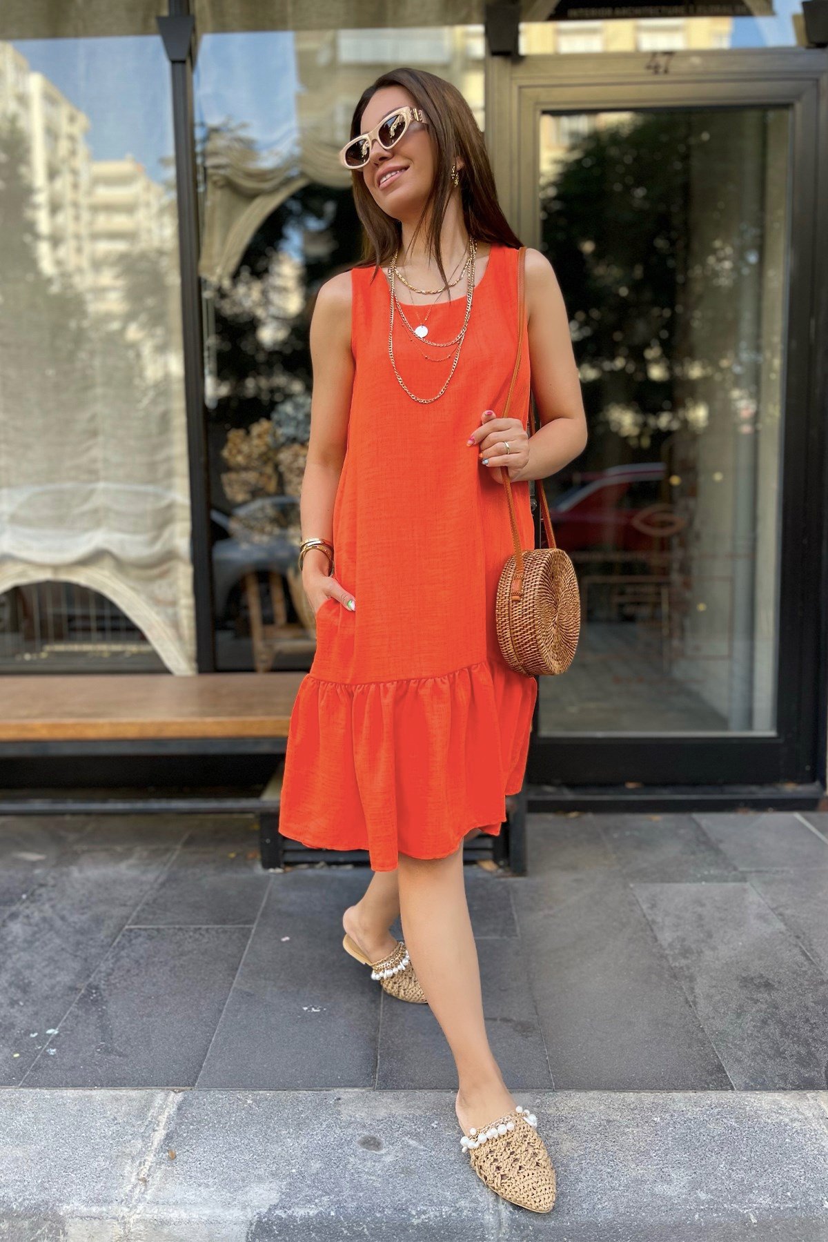 Turuncu Kolsuz Basic Elbise