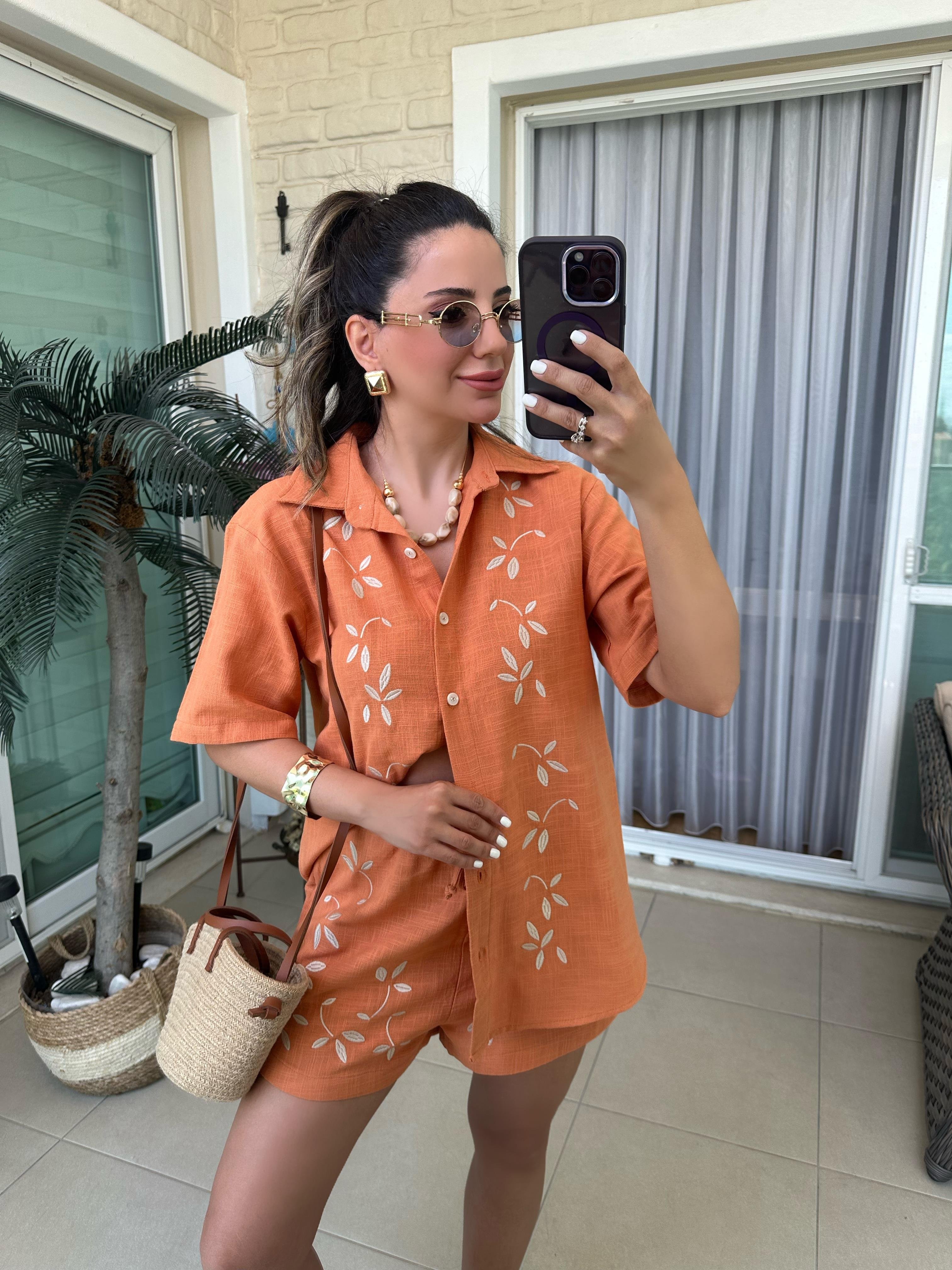 Turuncu Nakışlı Şort Gömlek Takım