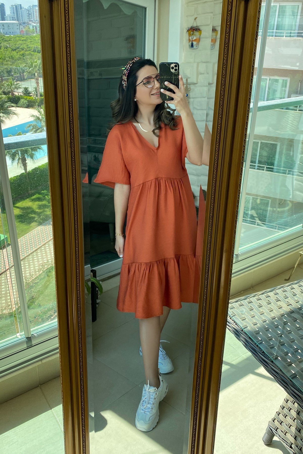 Turuncu Volanlı Elbise