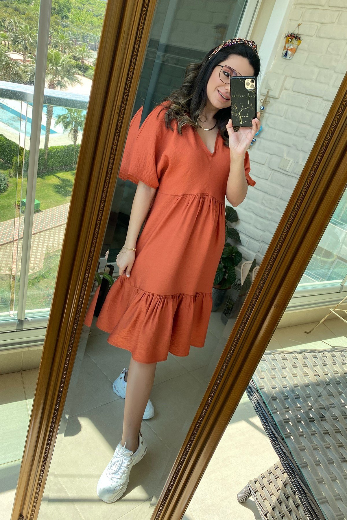 Turuncu Volanlı Elbise