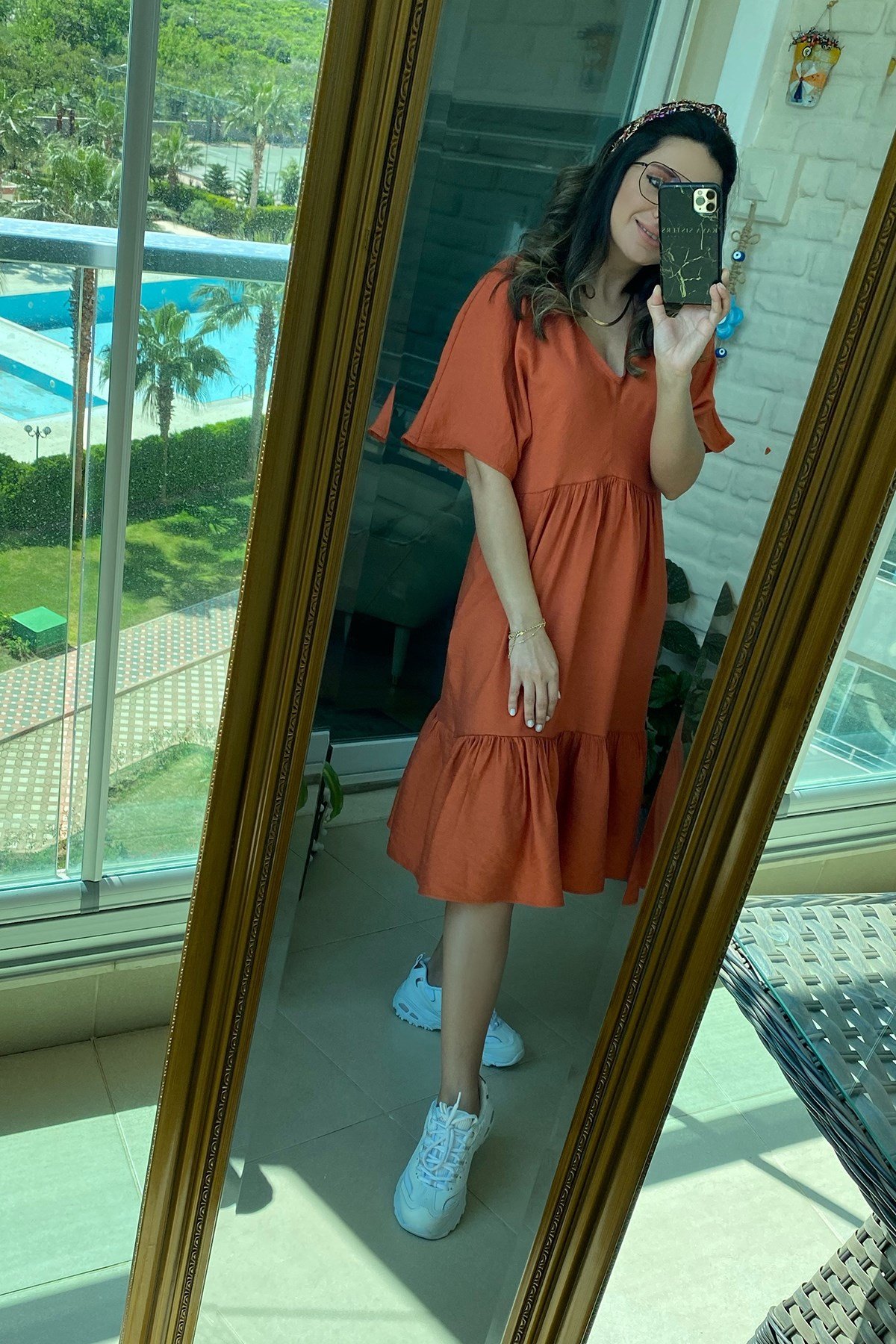 Turuncu Volanlı Elbise