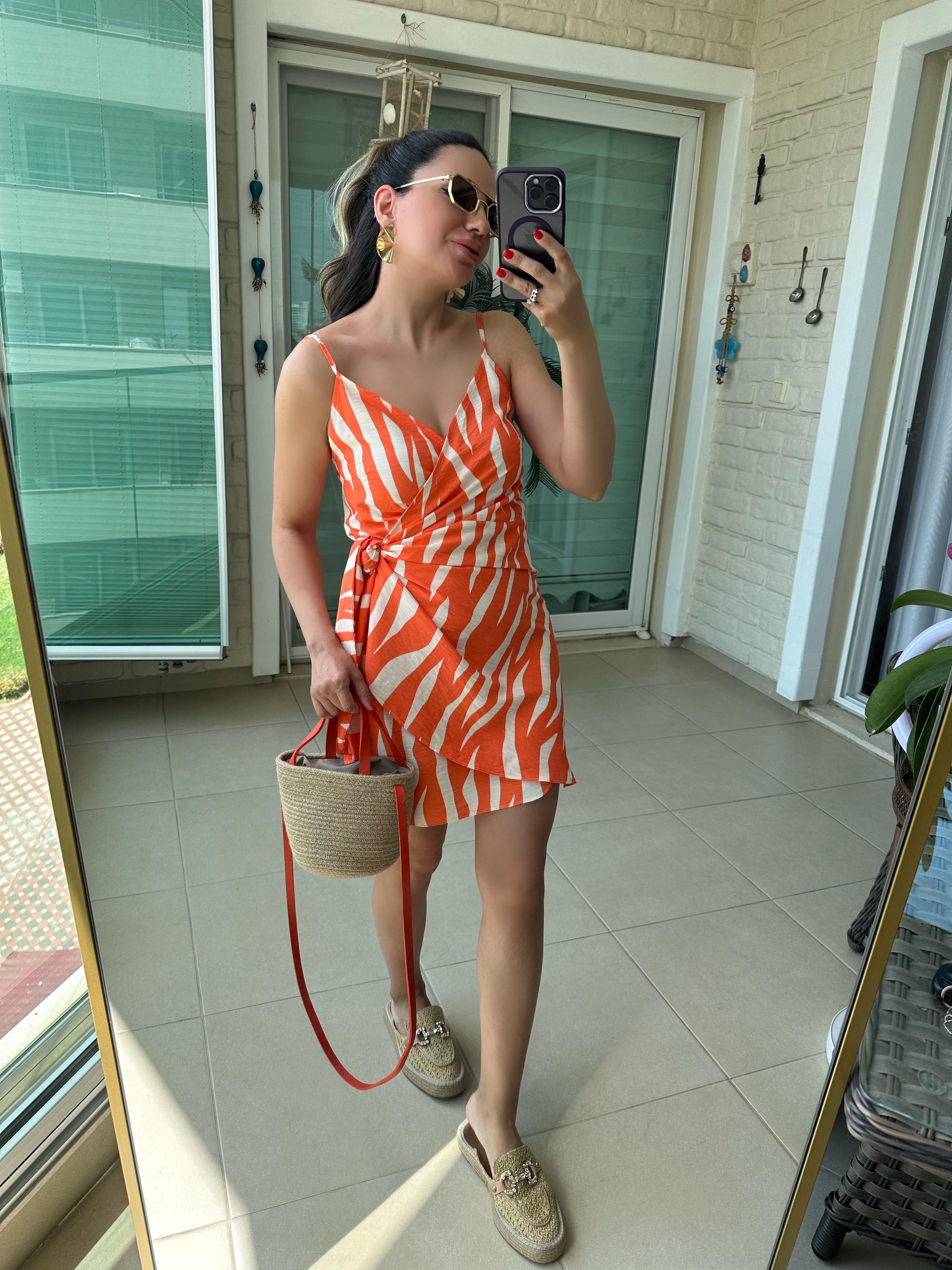 Turuncu Zebra Desen Elbise
