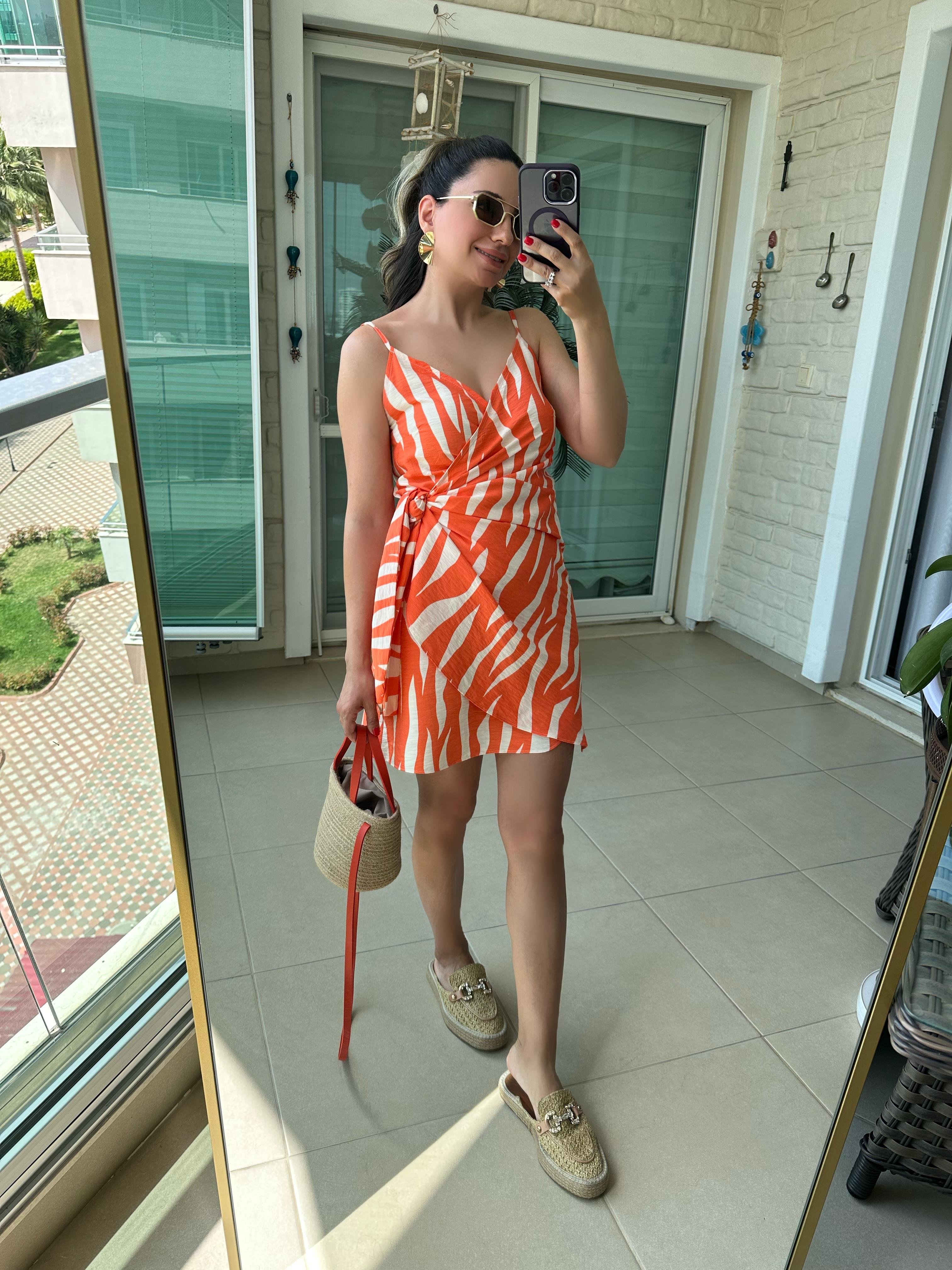 Turuncu Zebra Desen Elbise