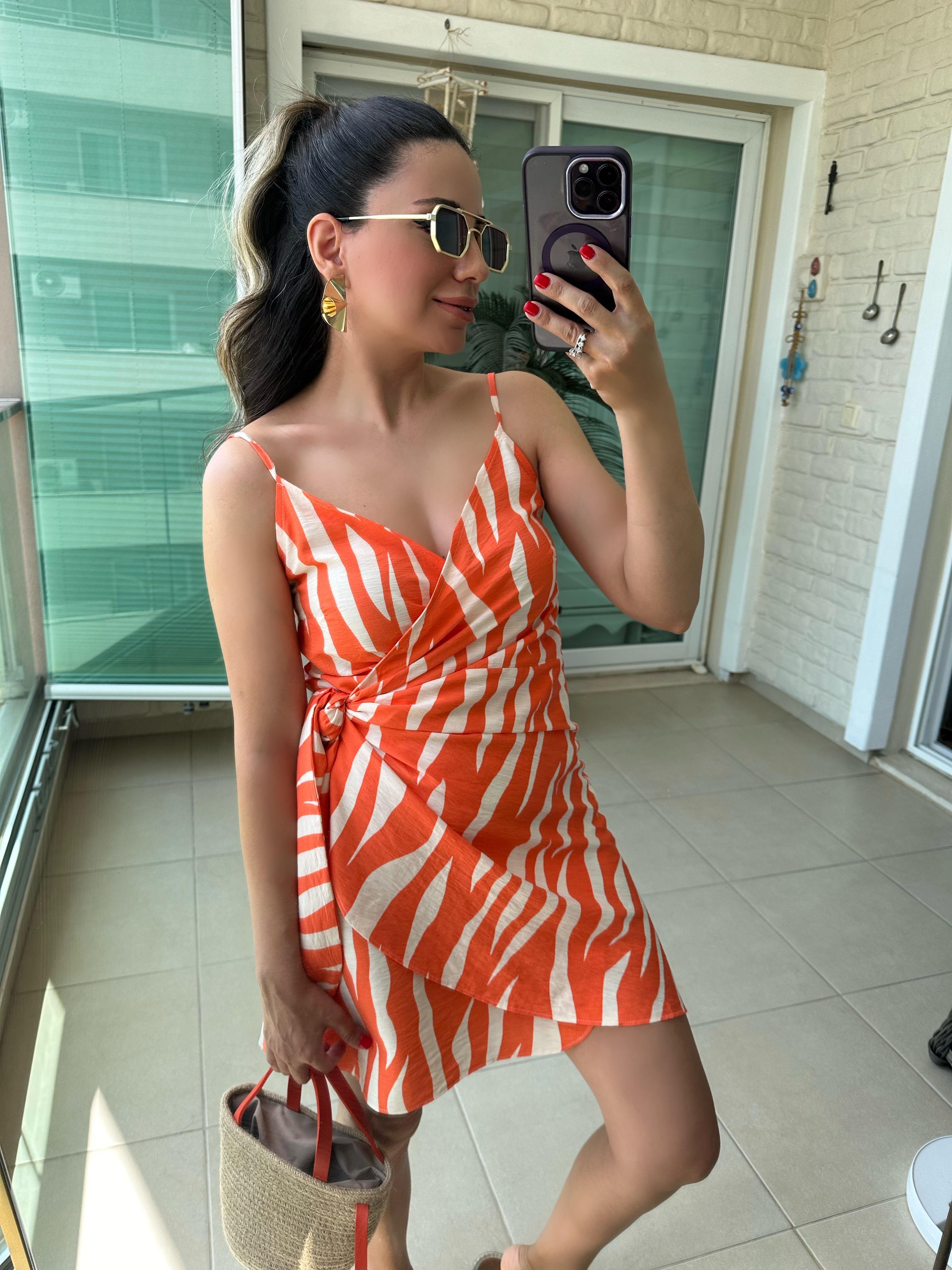 Turuncu Zebra Desen Elbise