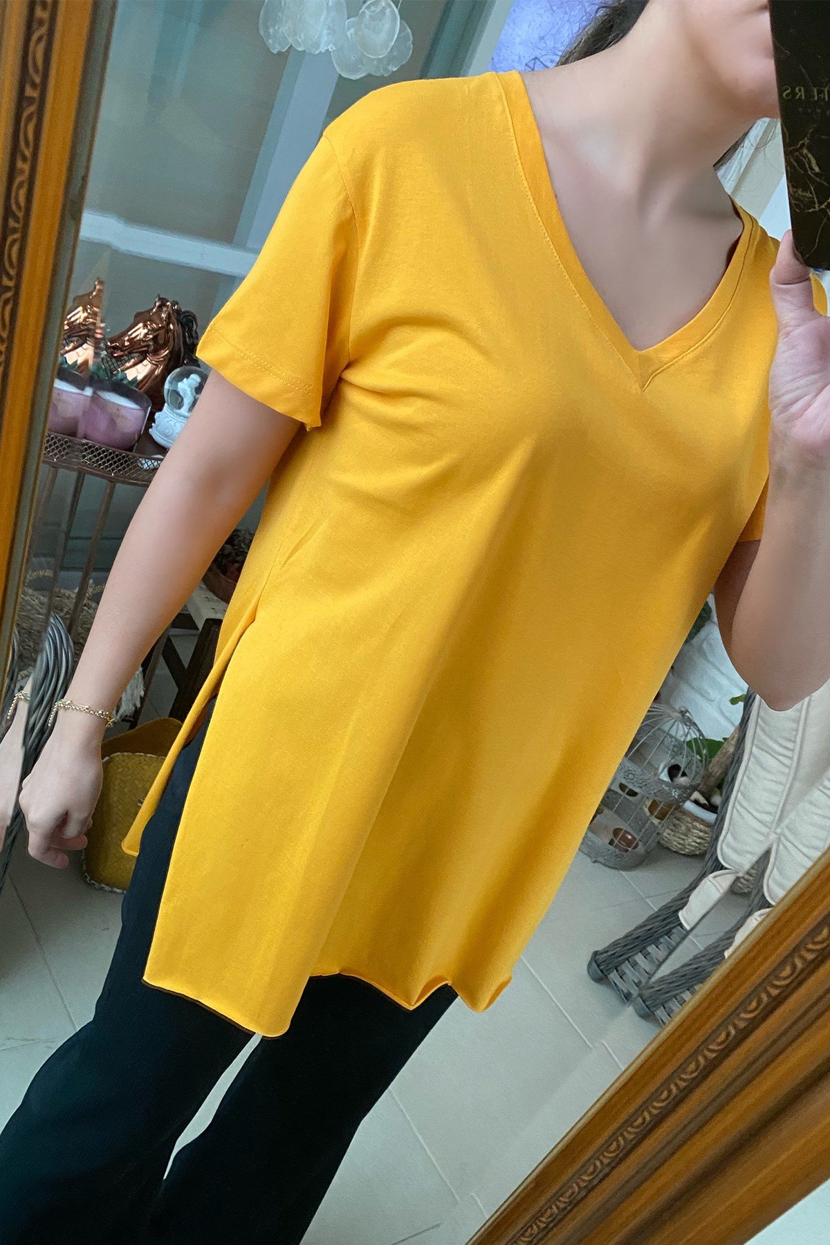 V Yaka Dikişsiz Sarı Tshirt