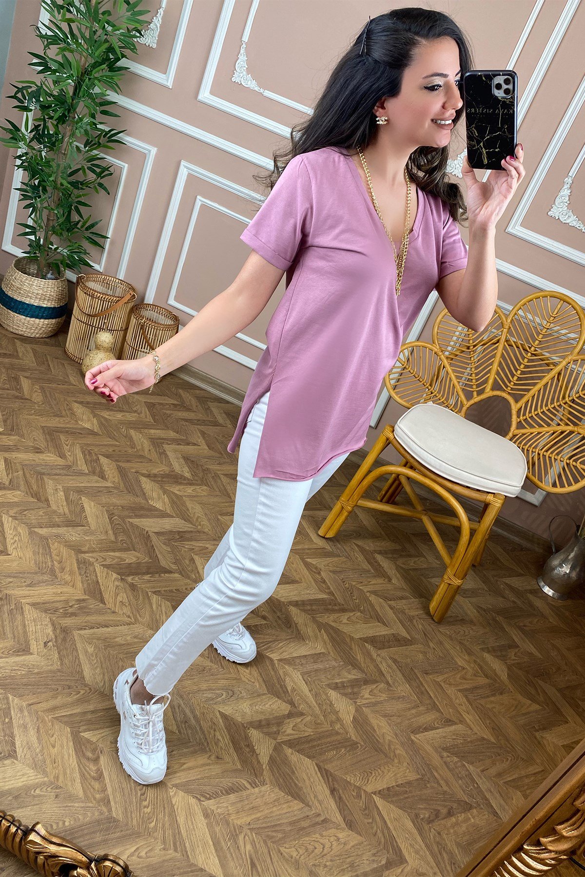 V Yaka Lila Basic Tshirt