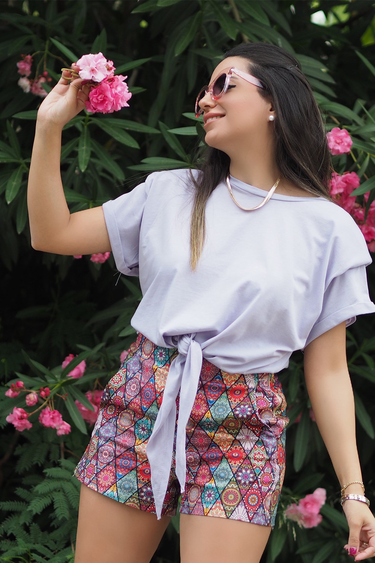 Vatkalı Önden Bağlamalı Lila Tshirt