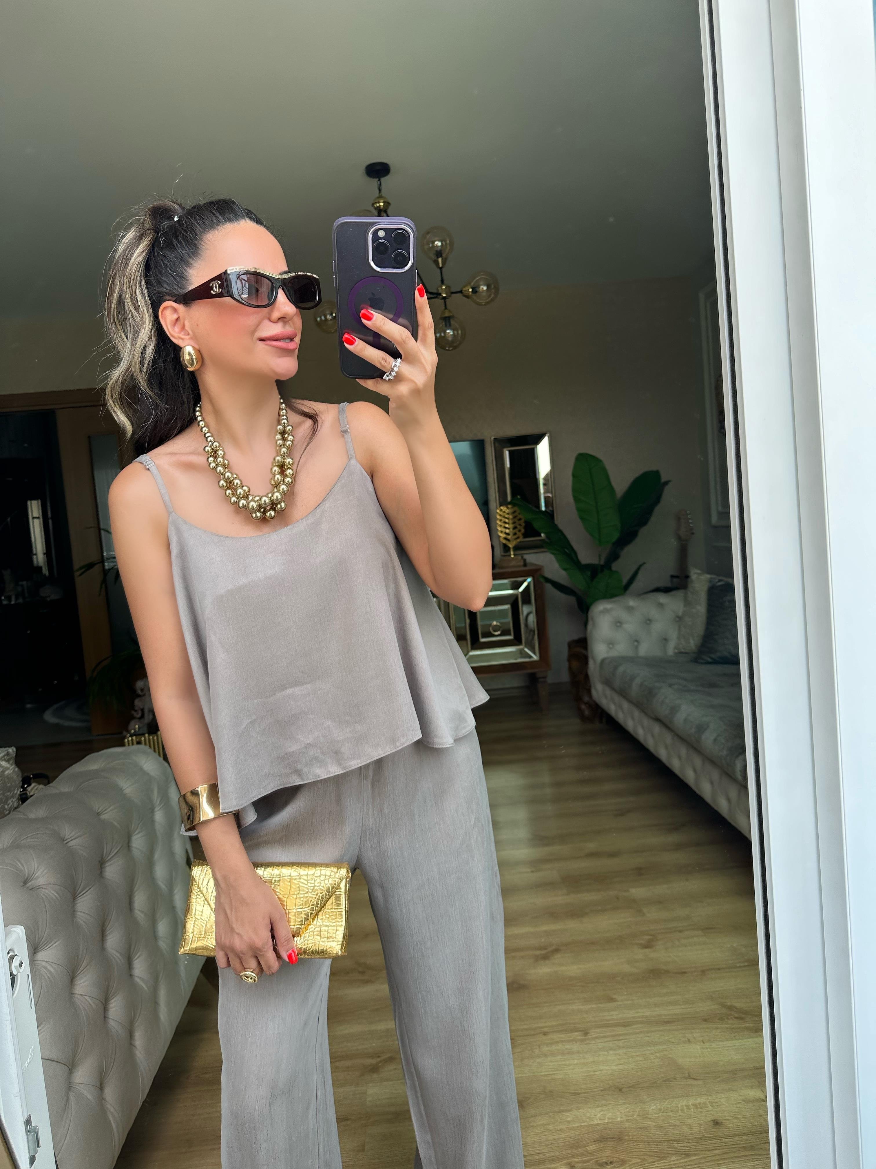 Vizon Askılı Pantolon Bluz Takım