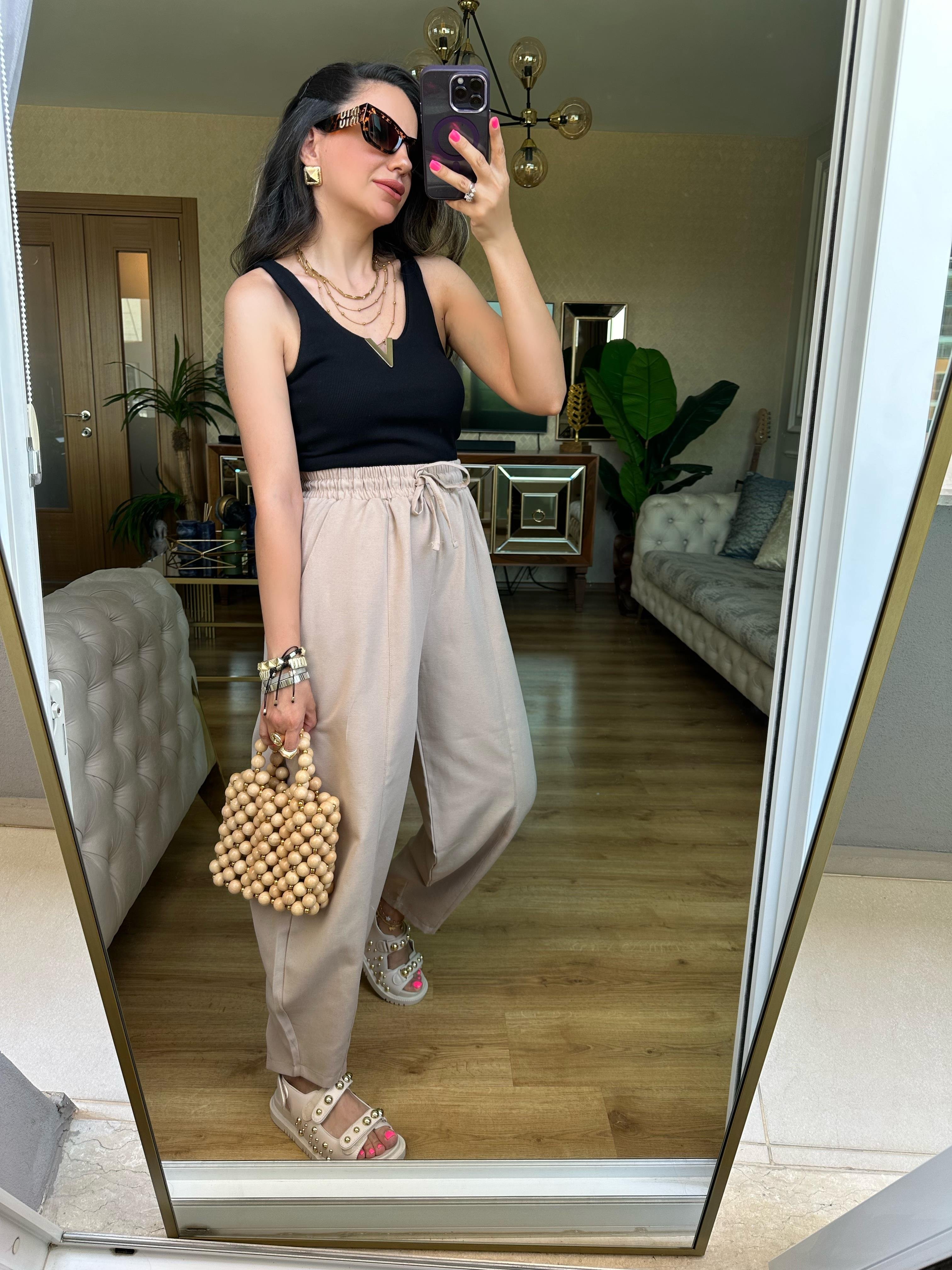 Vizon Beli Lastikli Keten Pantolon