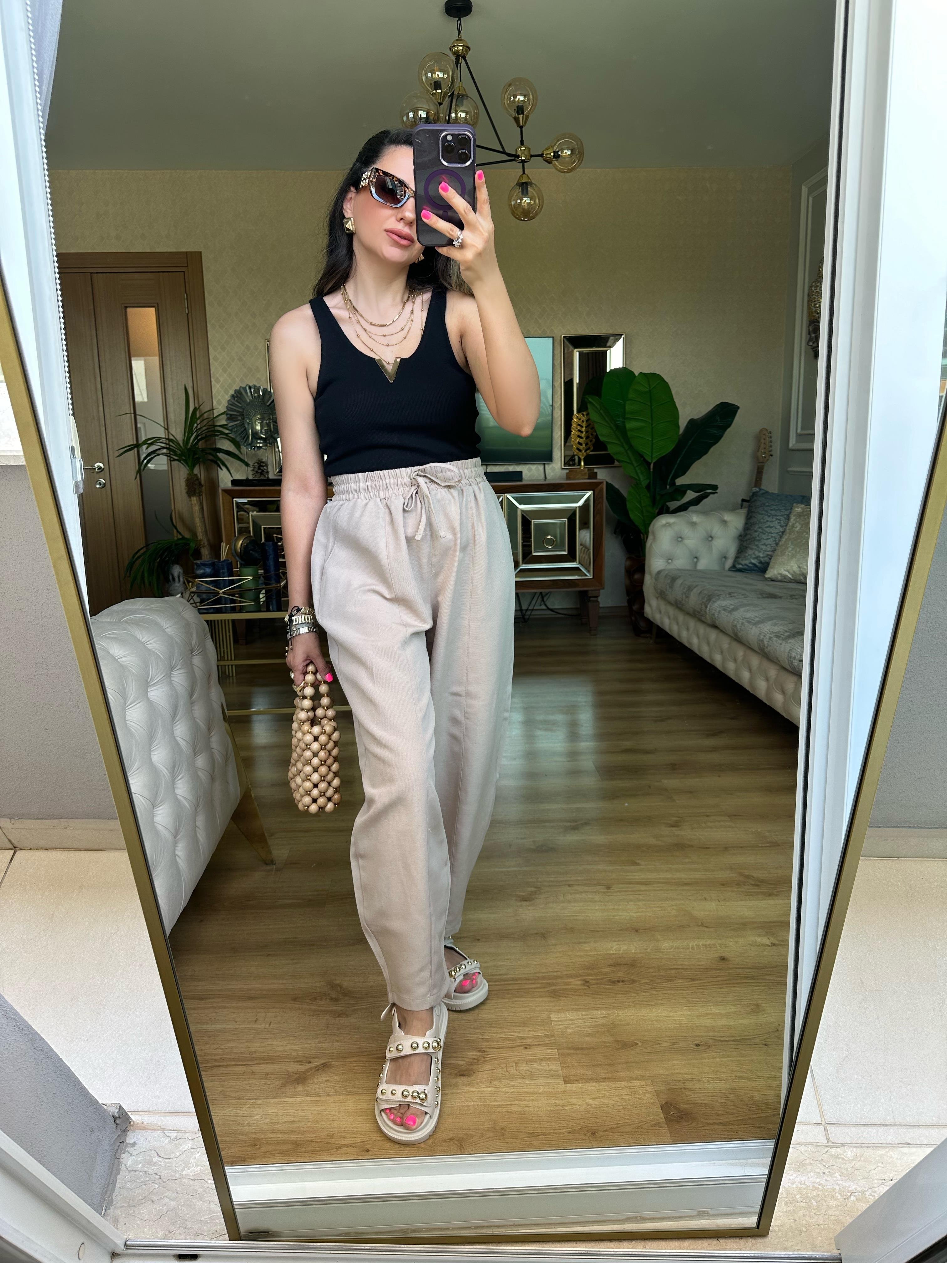 Vizon Beli Lastikli Keten Pantolon
