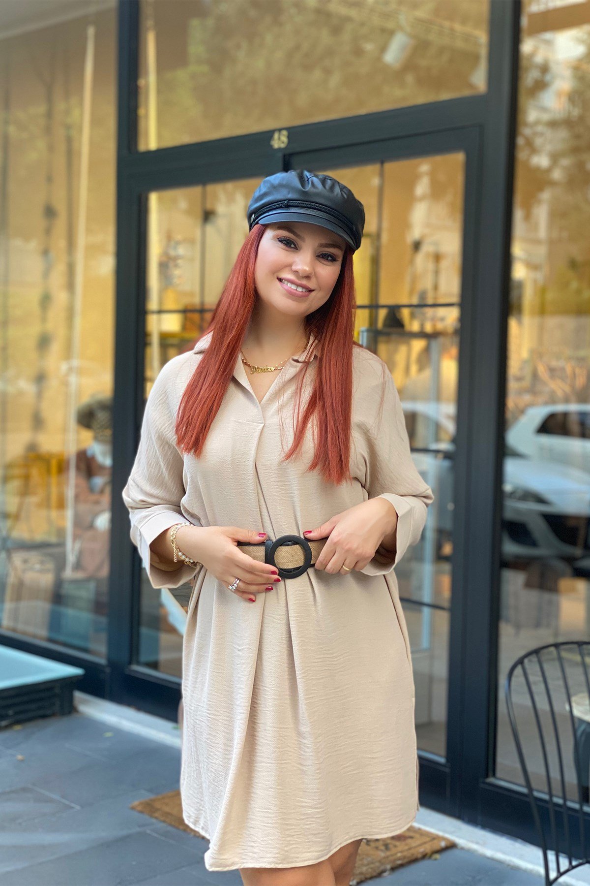 Vizon Yandan Yırtmaçlı Gömlek Elbise