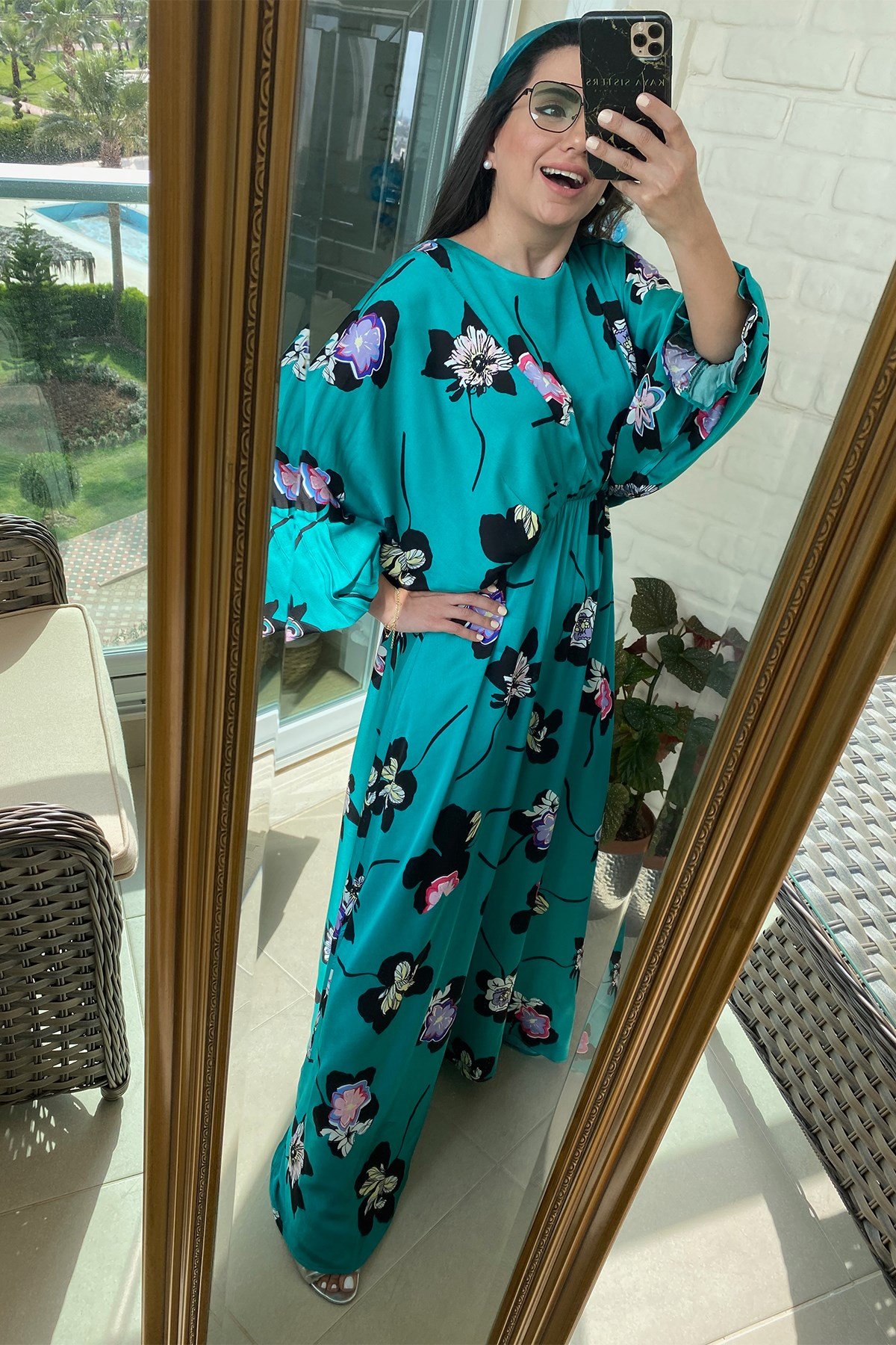 Volanlı Yeşil Çiçekli Uzun Elbise