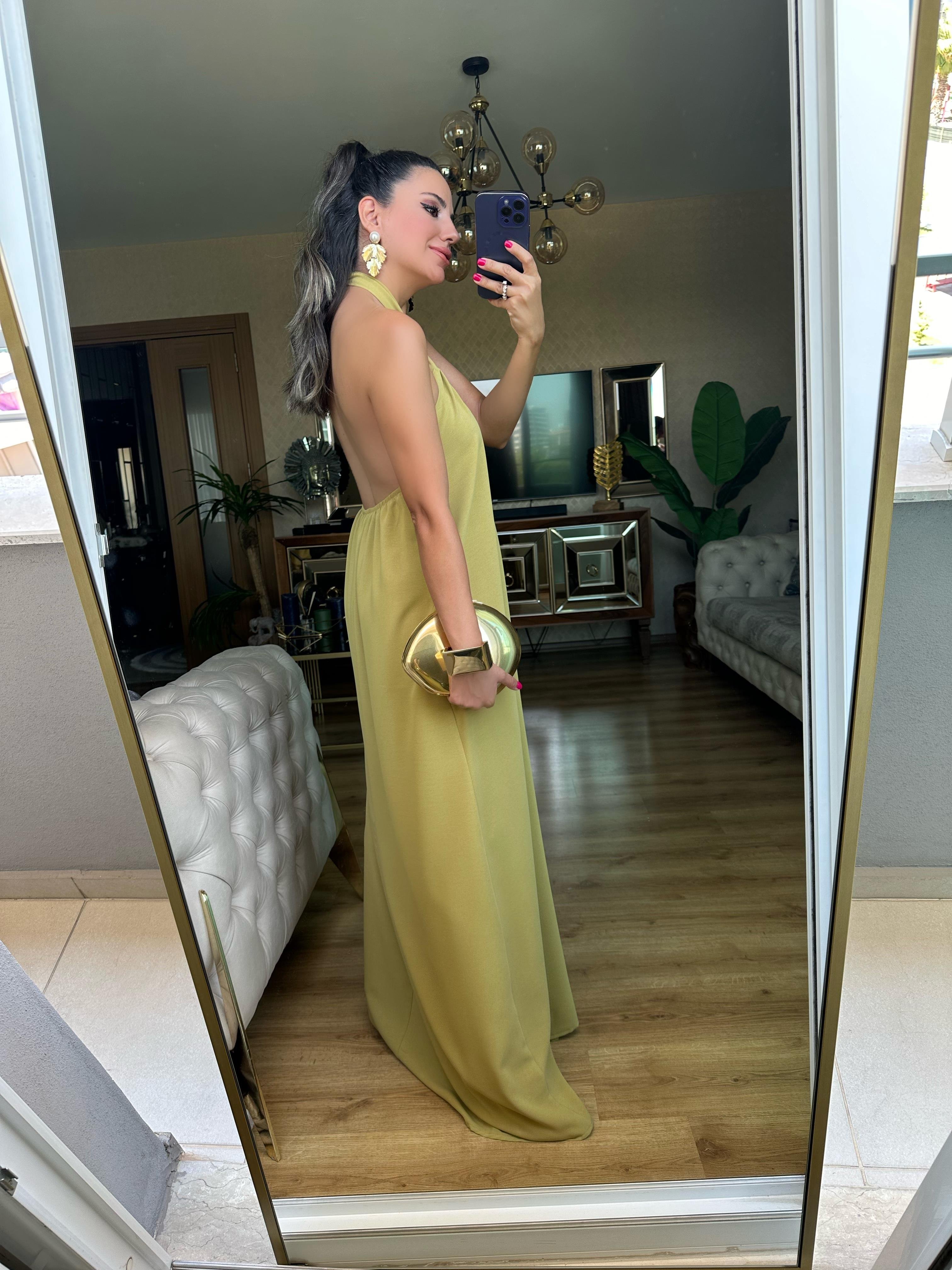Yağ Yeşil Önü Gold Detaylı Elbise