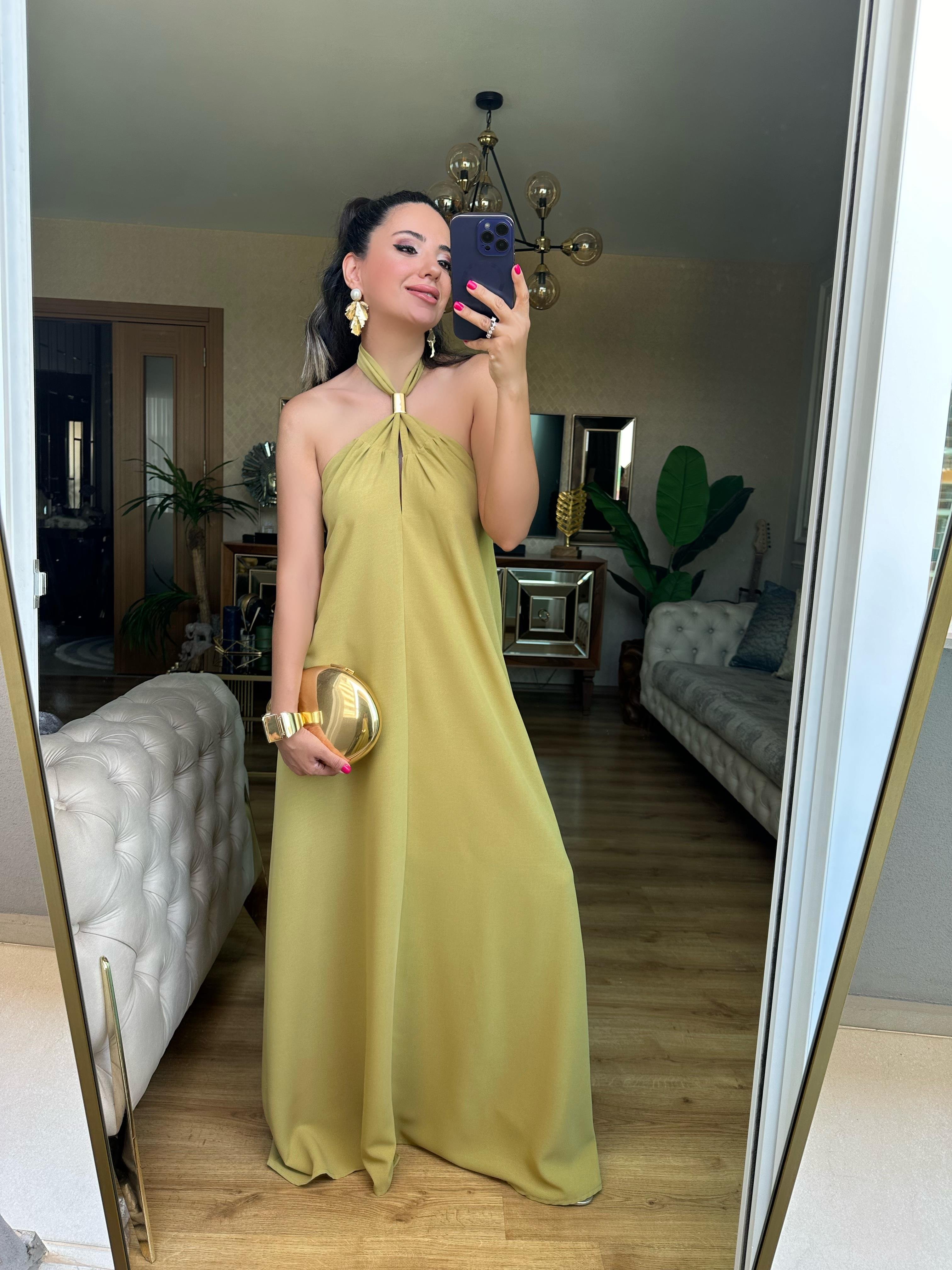 Yağ Yeşil Önü Gold Detaylı Elbise