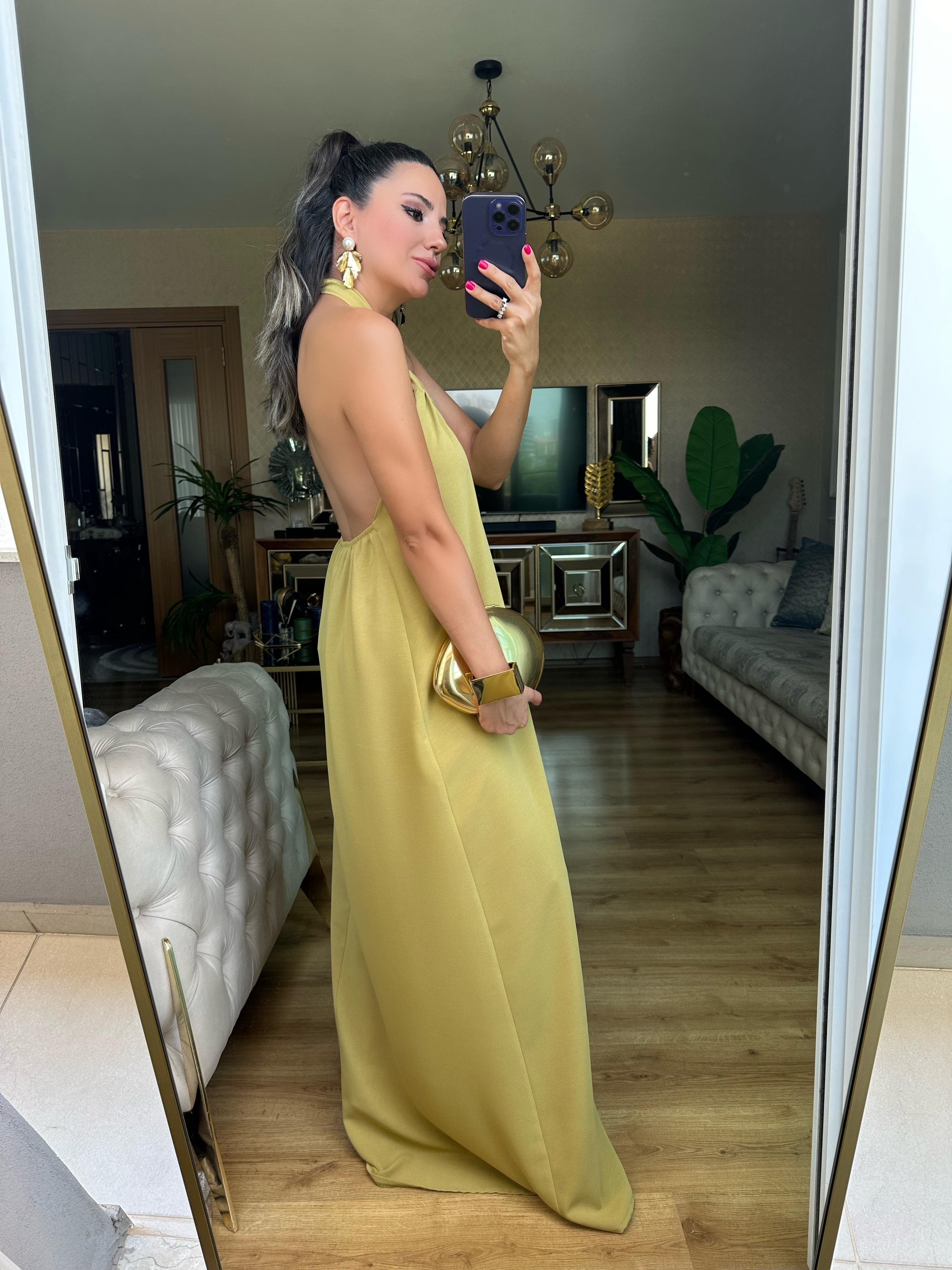 Yağ Yeşil Önü Gold Detaylı Elbise