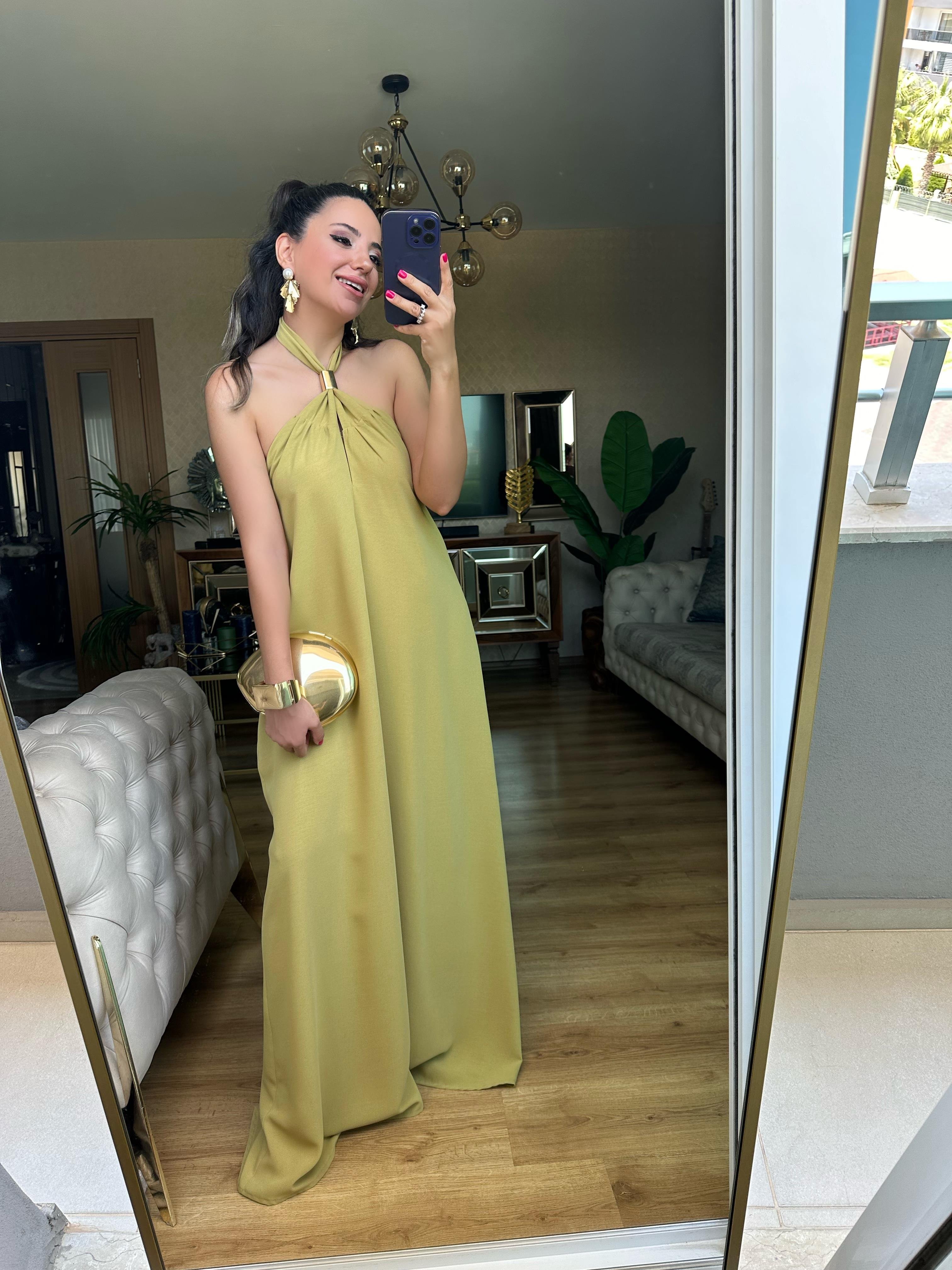 Yağ Yeşil Önü Gold Detaylı Elbise