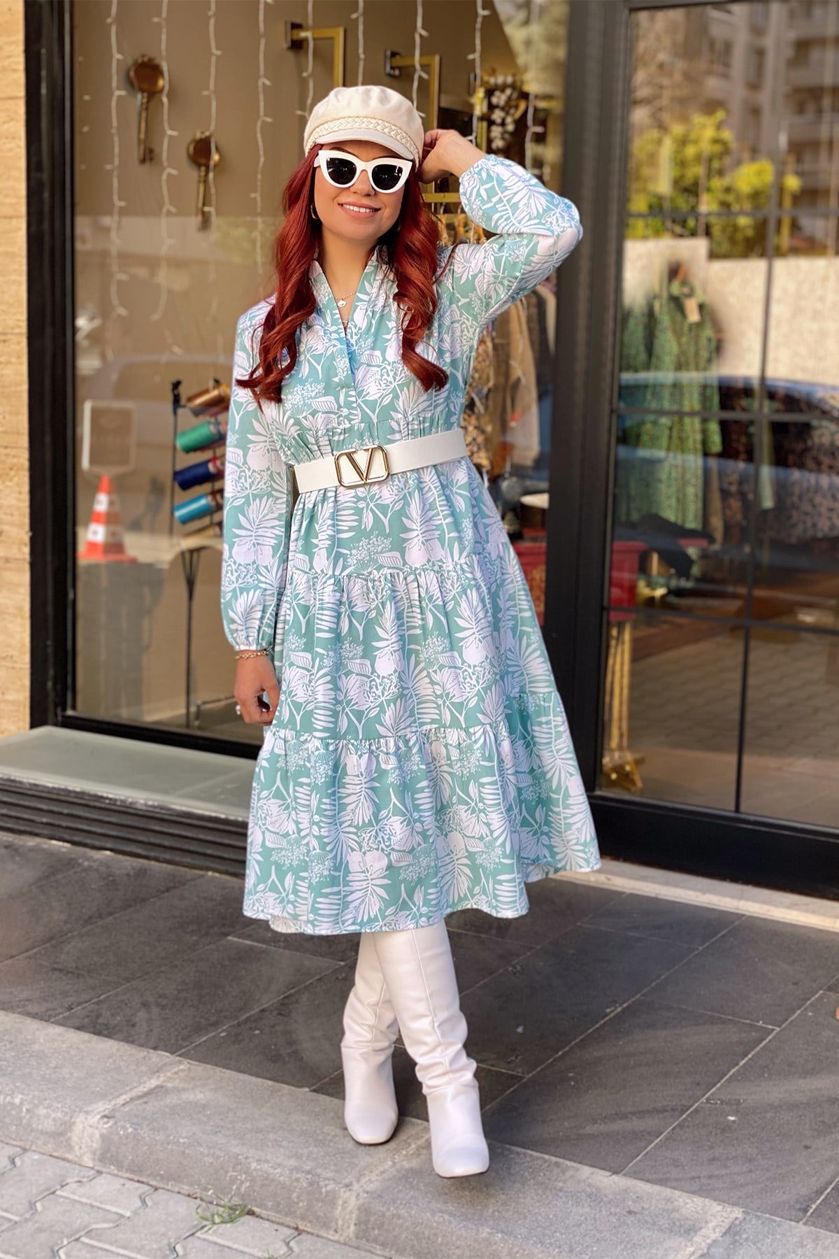 Yaprak Desenli Mint Elbise