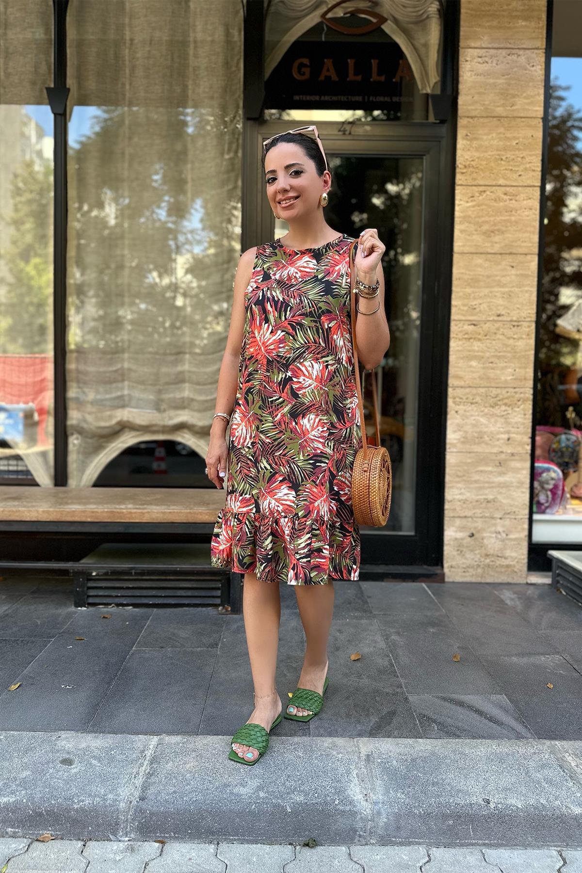 Yaprak Desenli Viskon Elbise