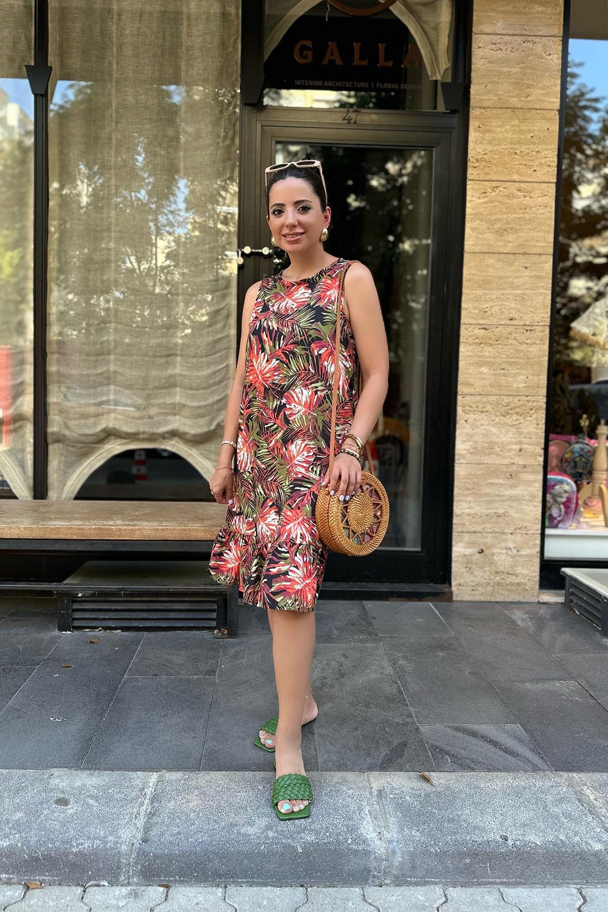 Yaprak Desenli Viskon Elbise