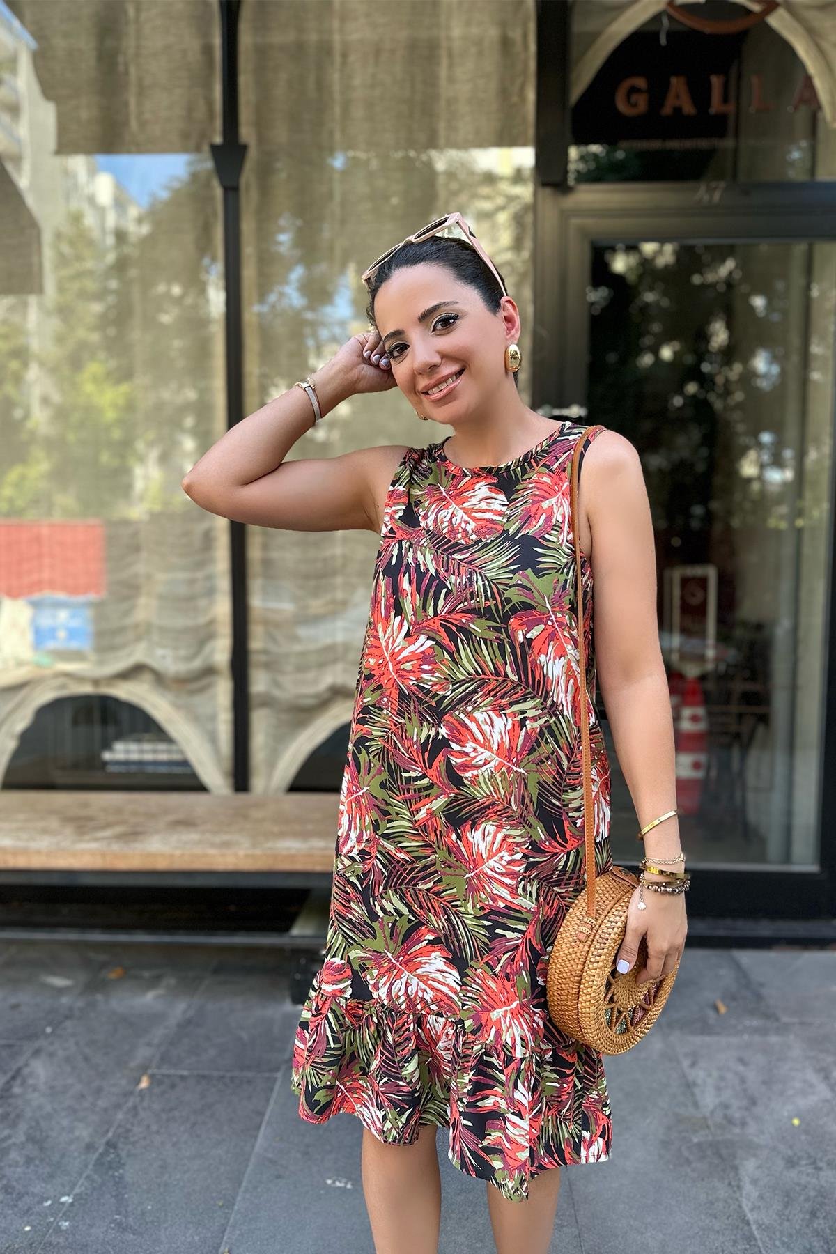 Yaprak Desenli Viskon Elbise