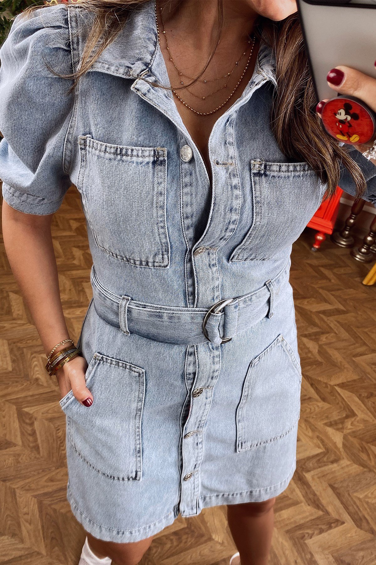 Yarım Kol Önden Düğmeli Kot Elbise