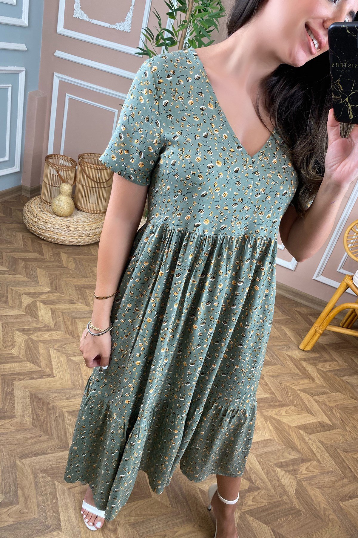 Yarım Kollu Sarı Çiçek Desenli Elbise