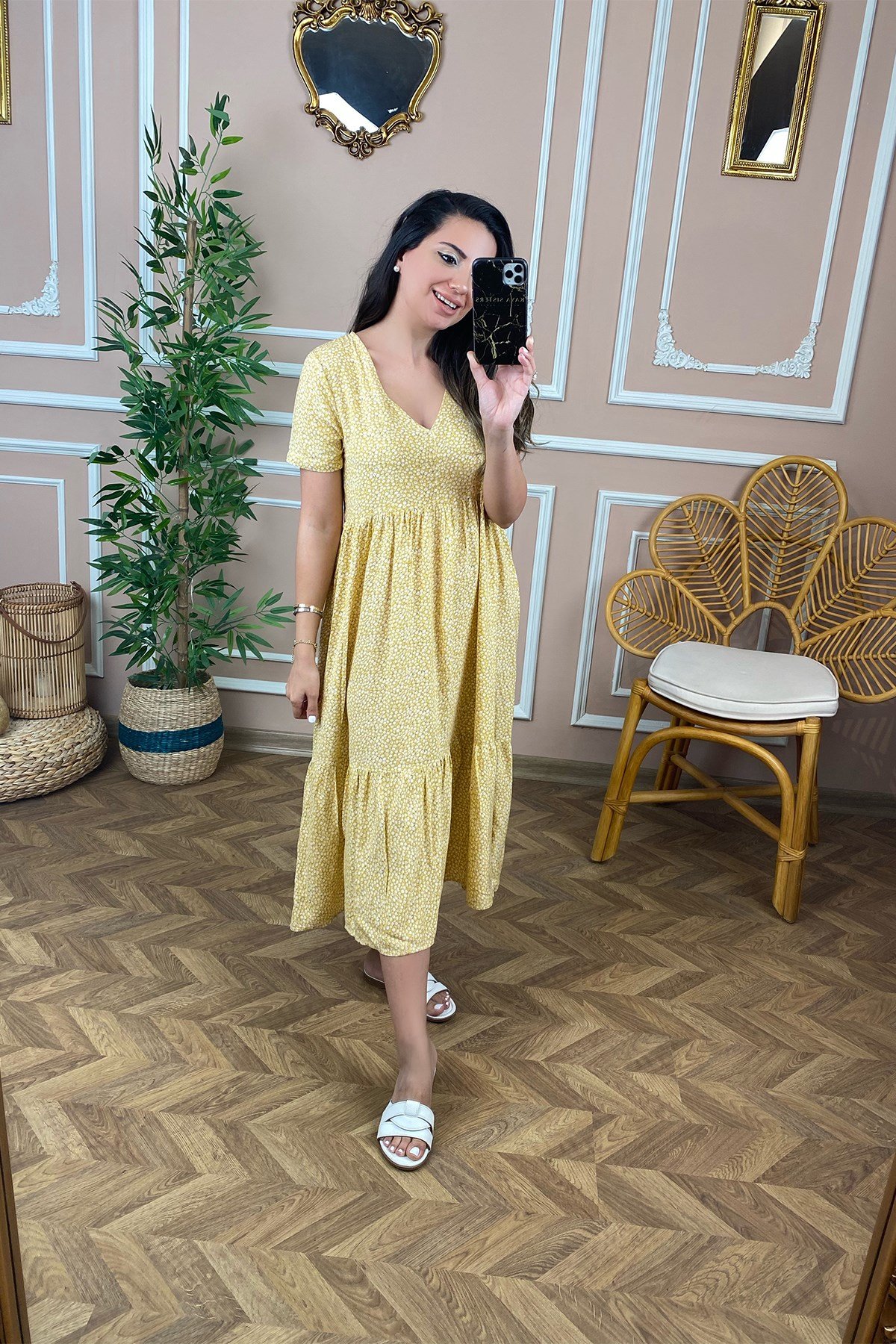 Yarım Kollu Sarı Papatya Desenli Elbise