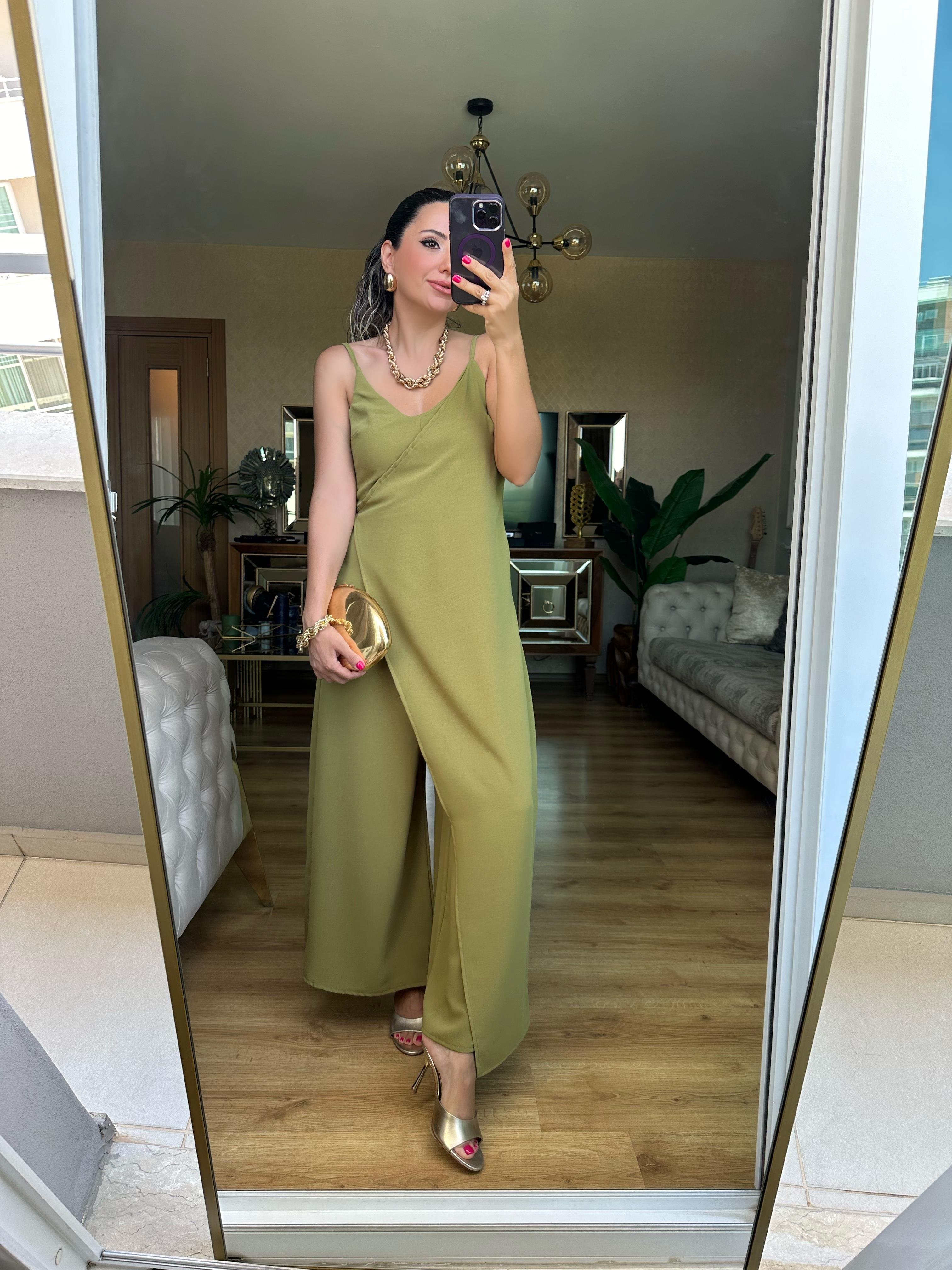 Yeşil Askılı Tulum Elbise