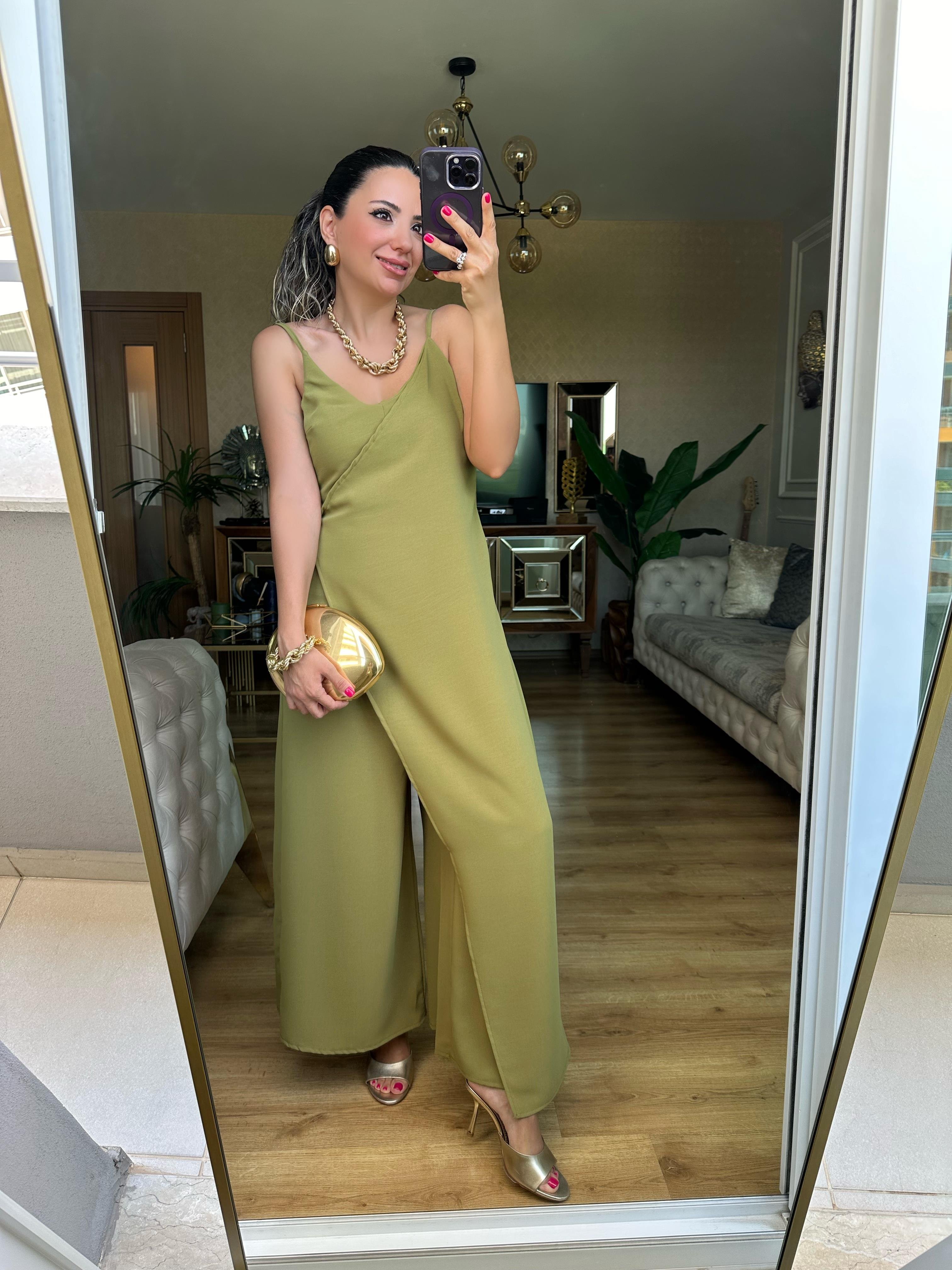 Yeşil Askılı Tulum Elbise