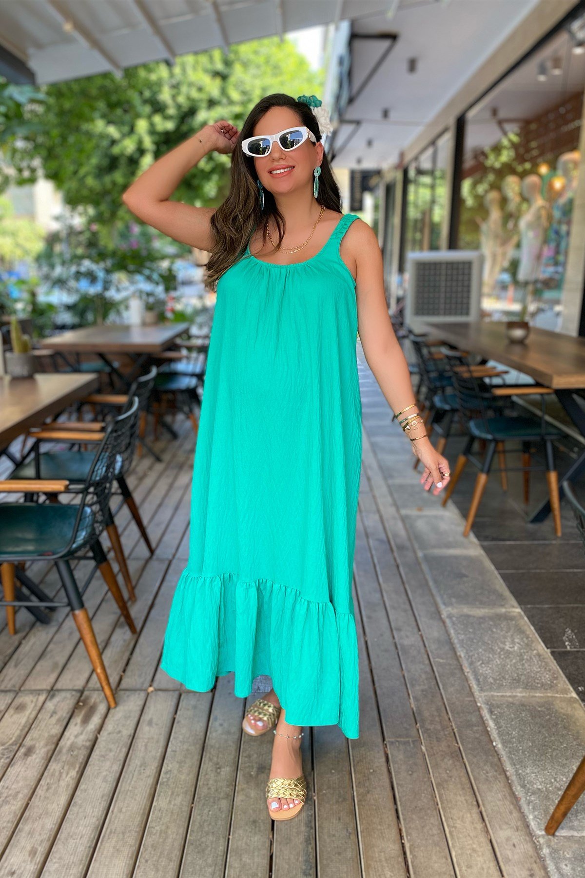 Yeşil Askısı Lastikli Elbise