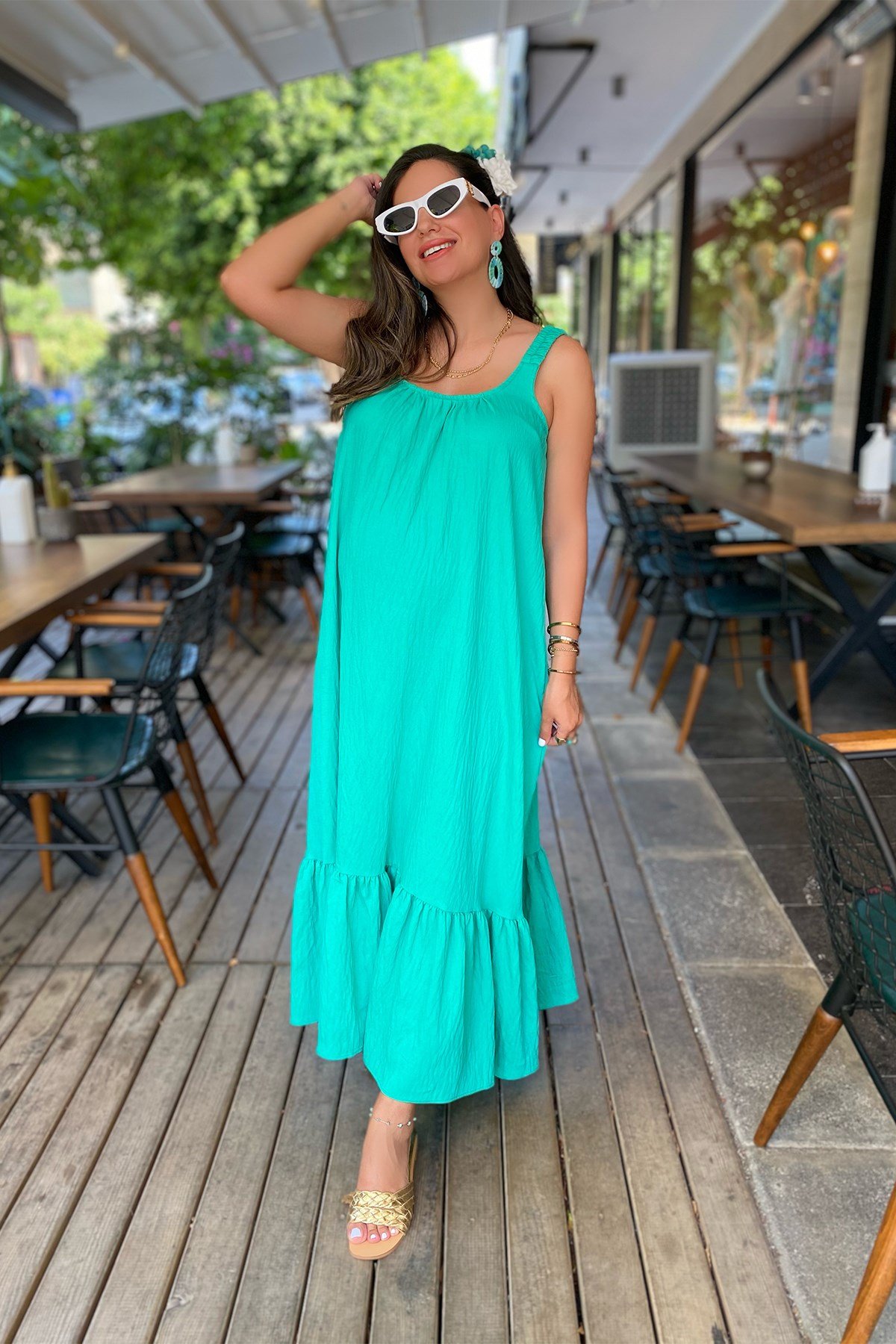 Yeşil Askısı Lastikli Elbise