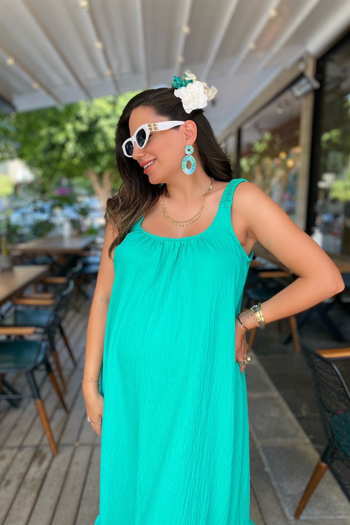 Yeşil Askısı Lastikli Elbise