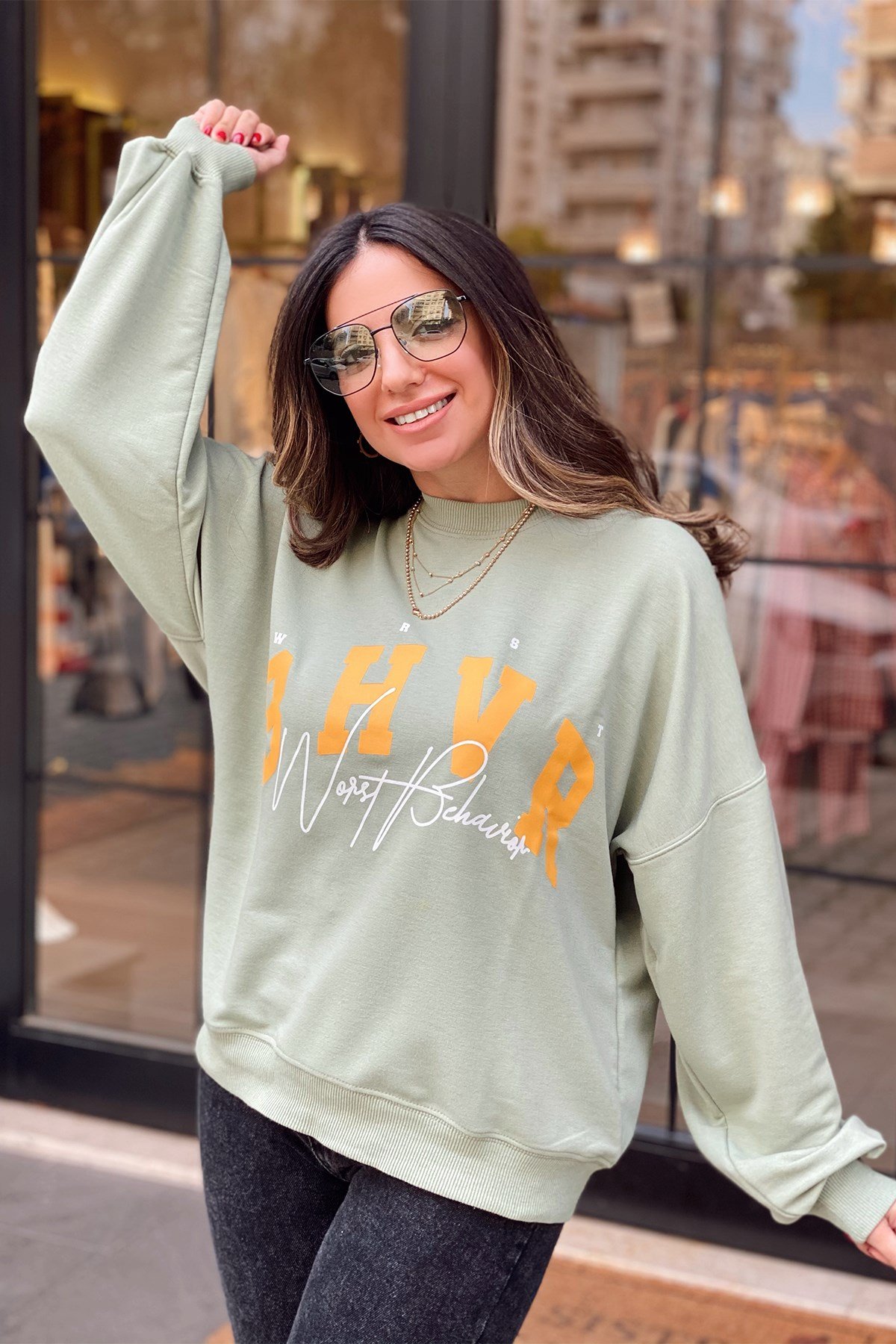 Yeşil Baskılı Sweatshirt