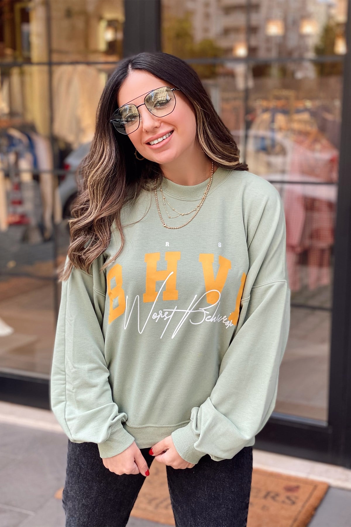 Yeşil Baskılı Sweatshirt