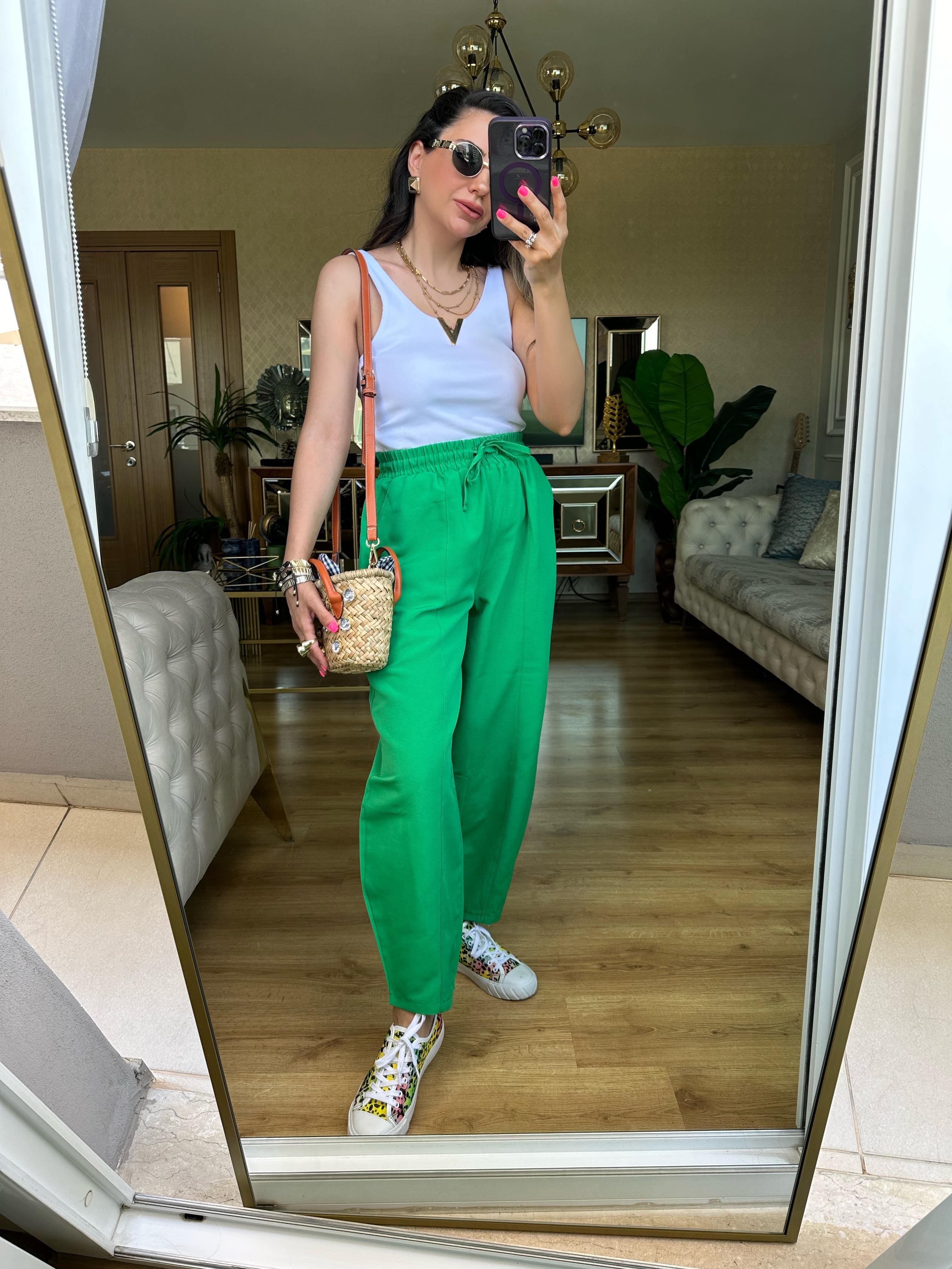 Yeşil Beli Lastikli Keten Pantolon
