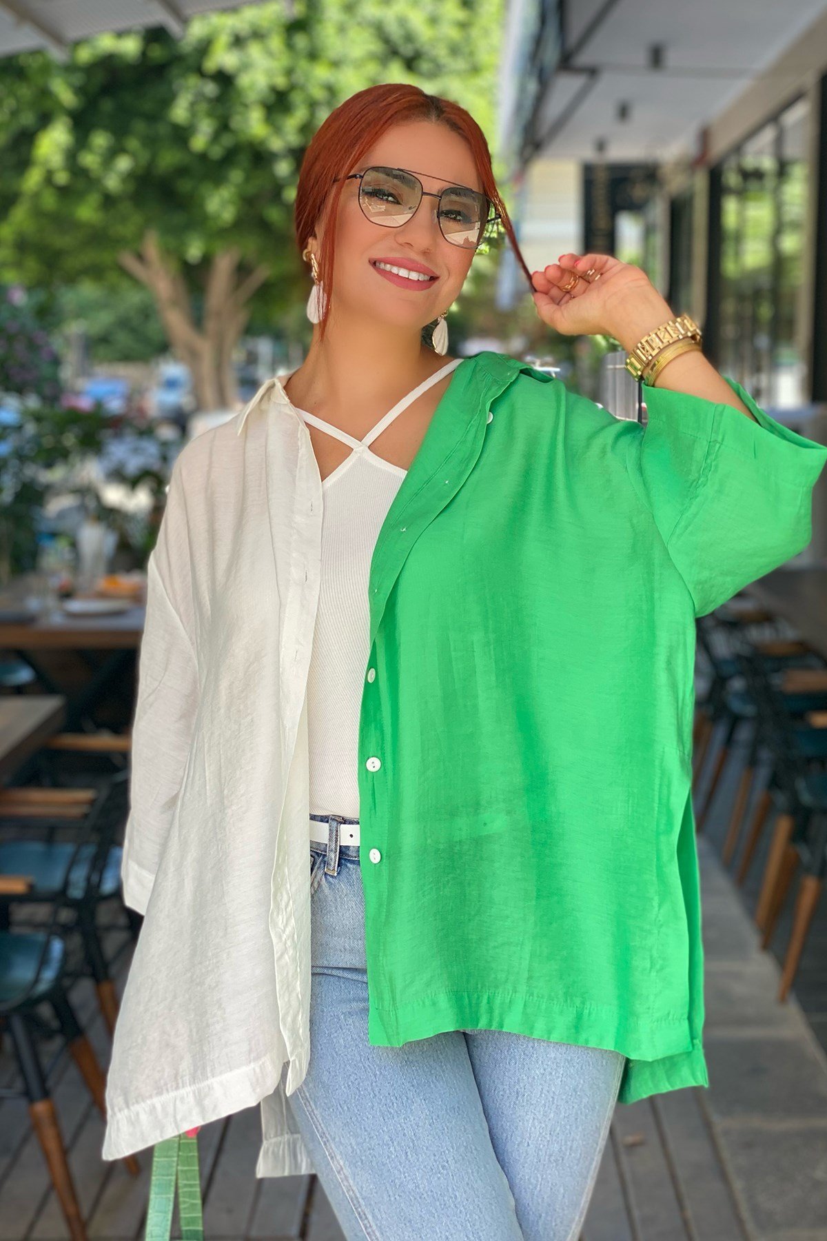 Yeşil Beyaz Oversize Gömlek