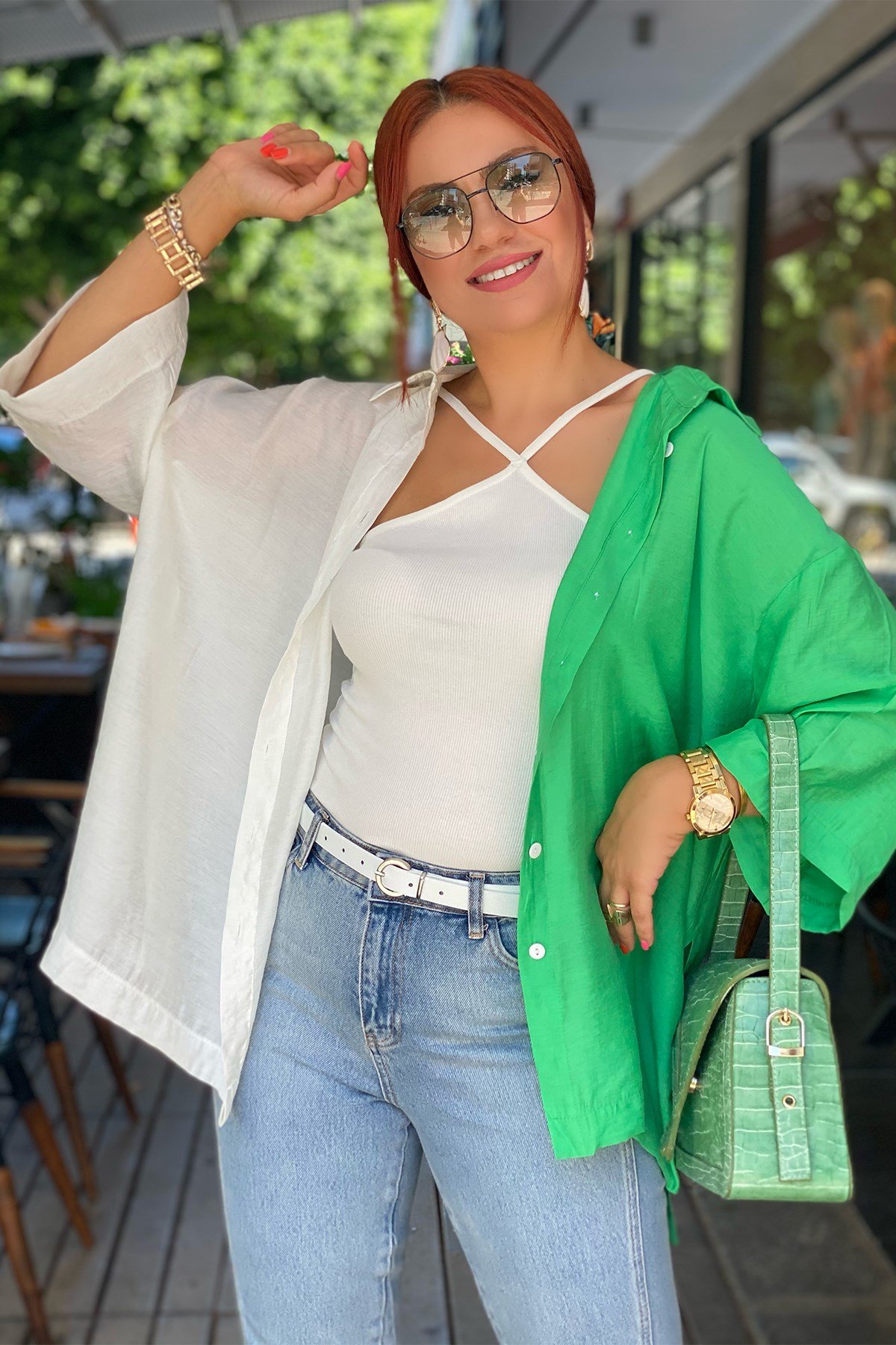 Yeşil Beyaz Oversize Gömlek