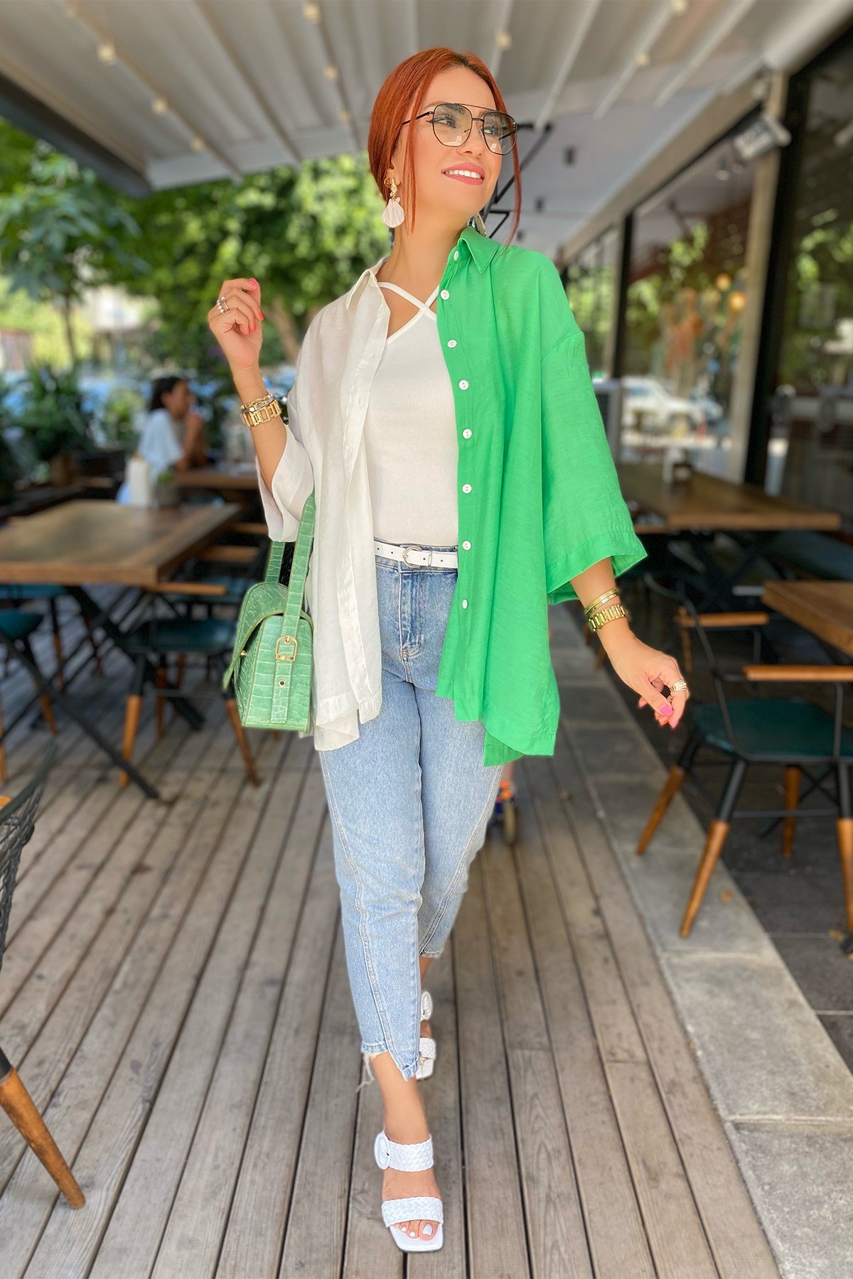 Yeşil Beyaz Oversize Gömlek