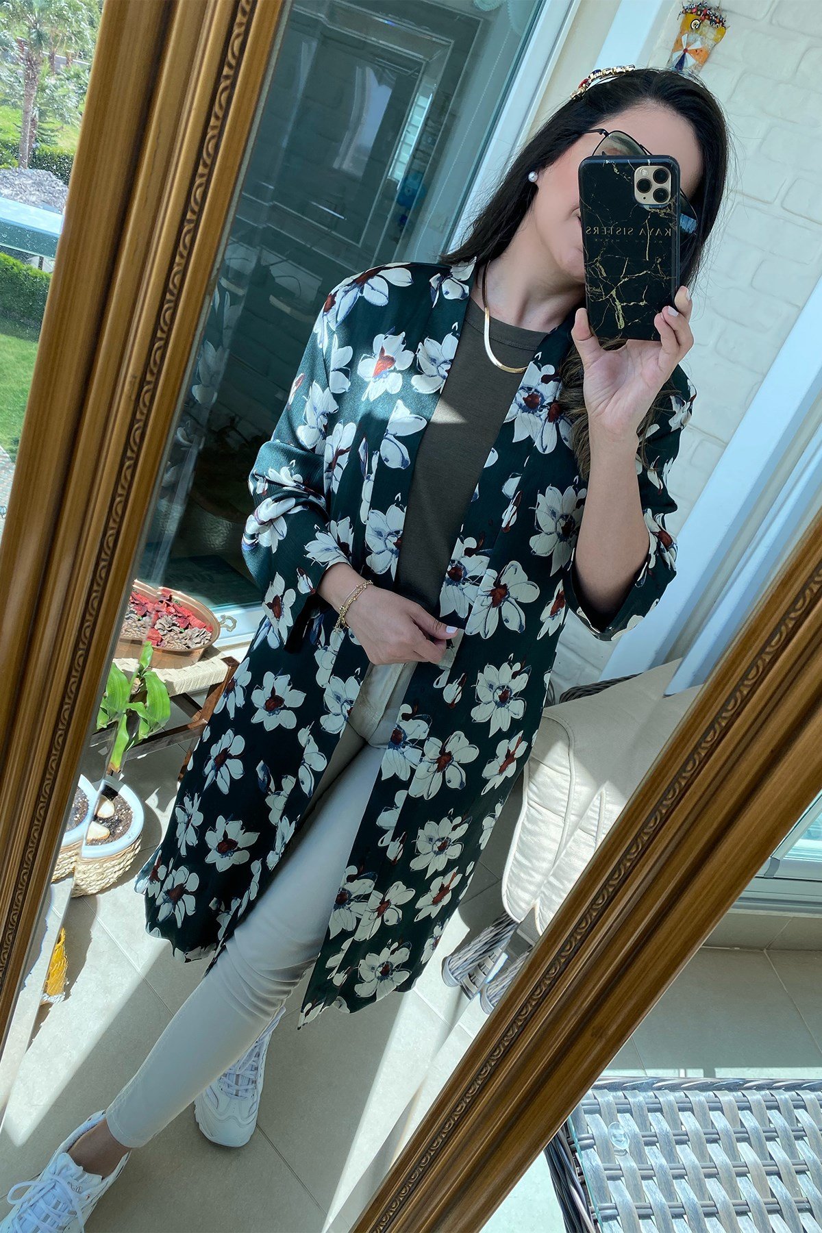 Yeşil Çiçek Desenli Astarlı Kimono