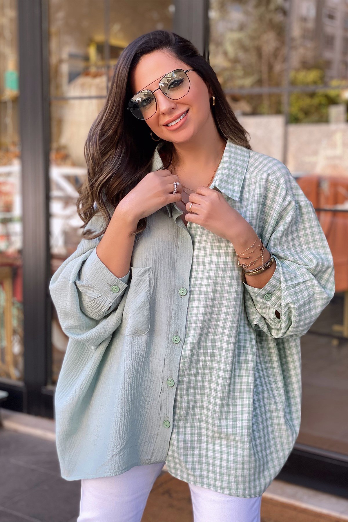 Yeşil Ekose Detaylı Oversize Gömlek