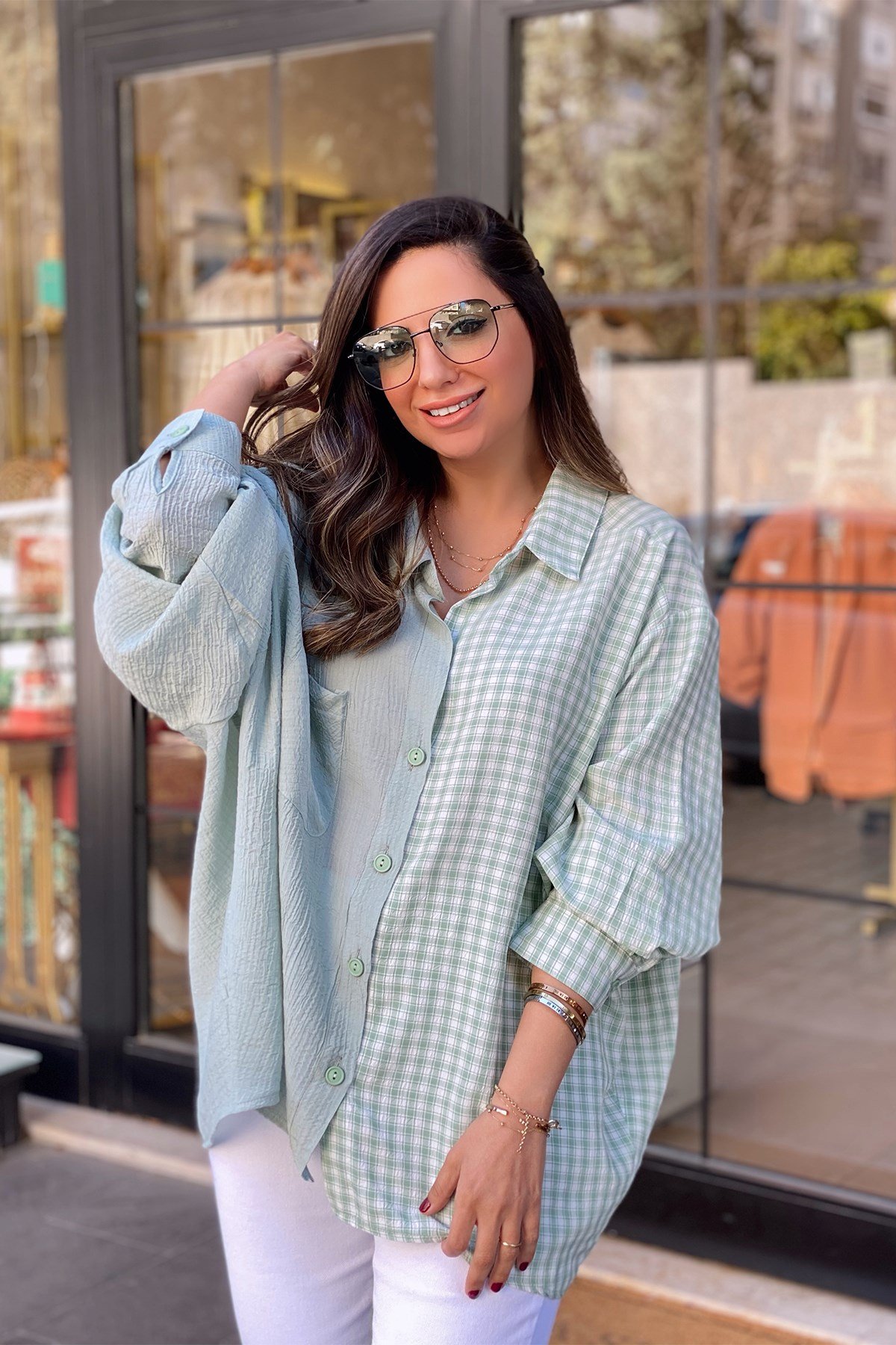 Yeşil Ekose Detaylı Oversize Gömlek