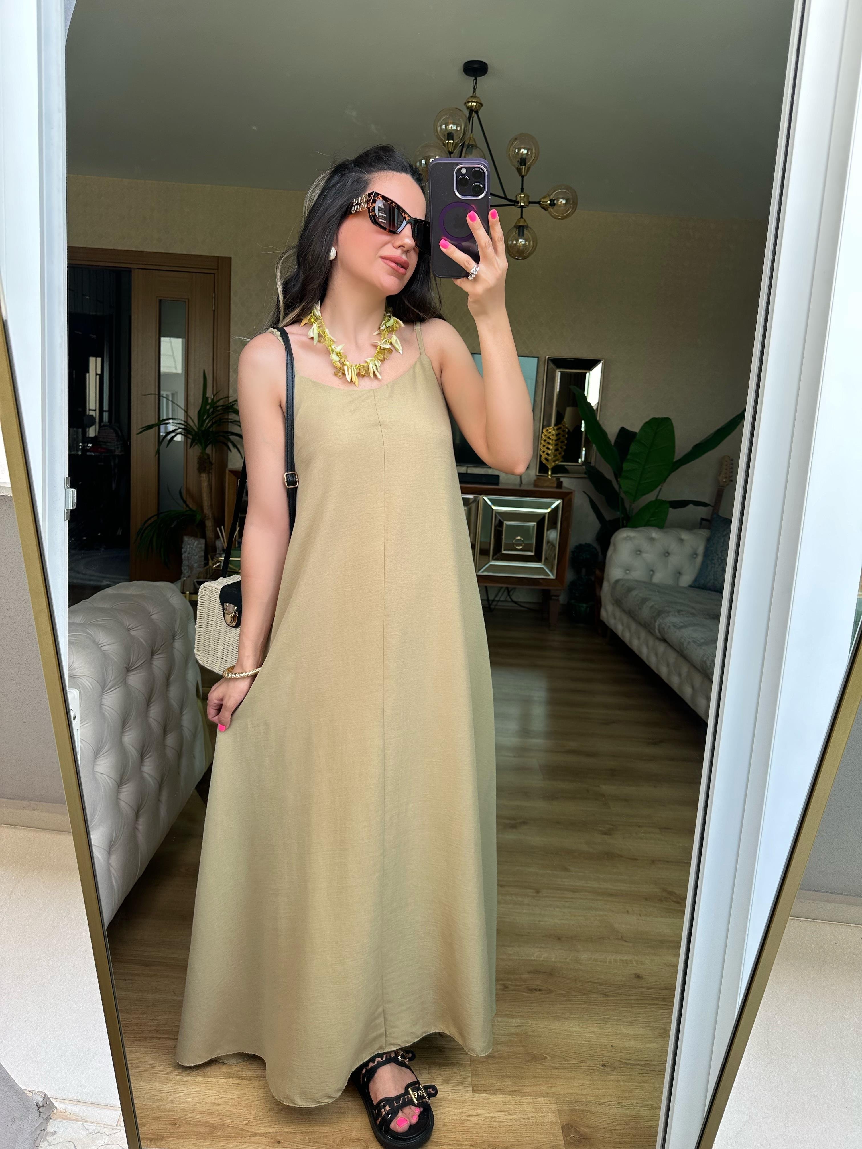 Yeşil İp Askılı Elbise