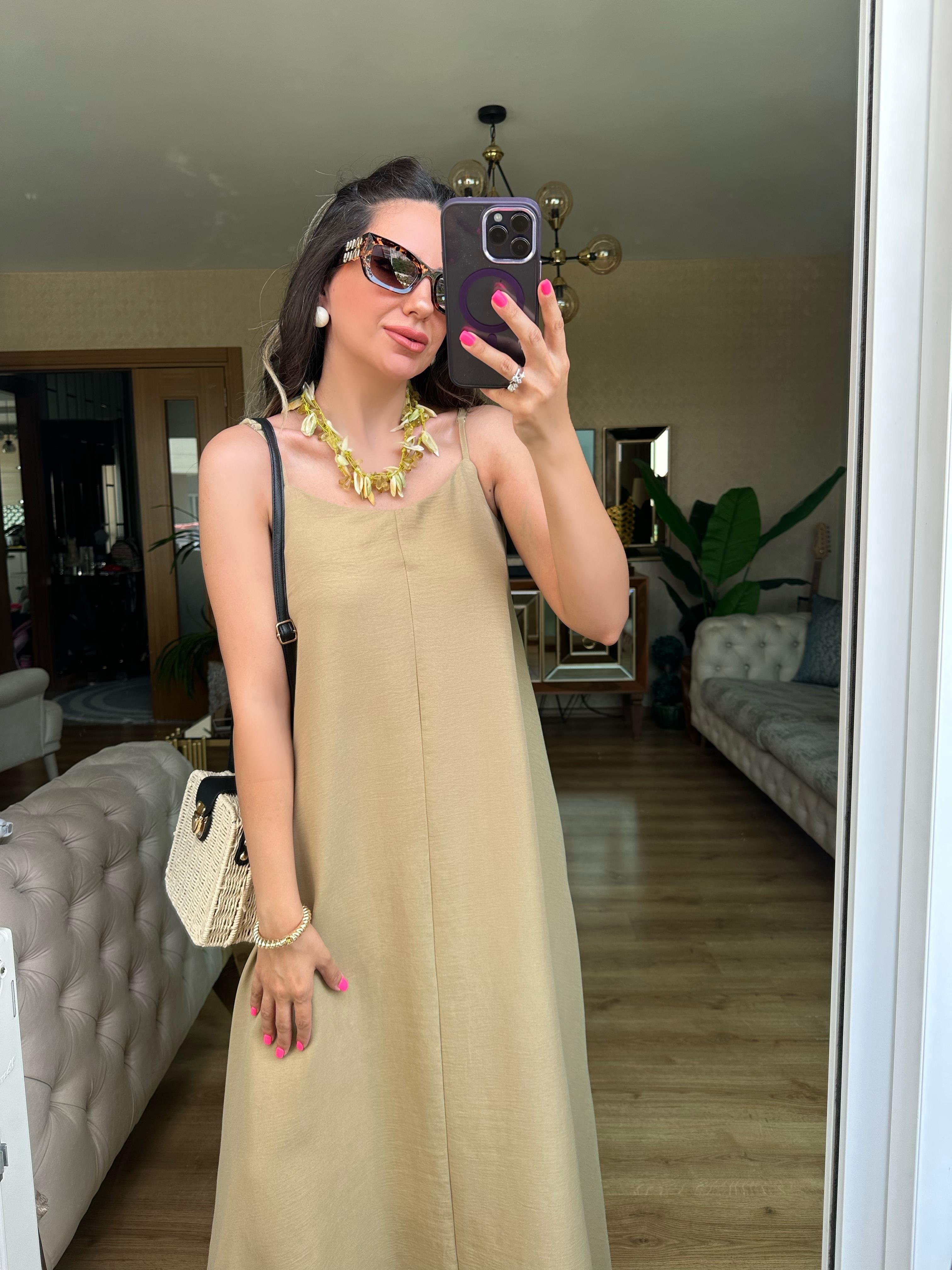 Yeşil İp Askılı Elbise